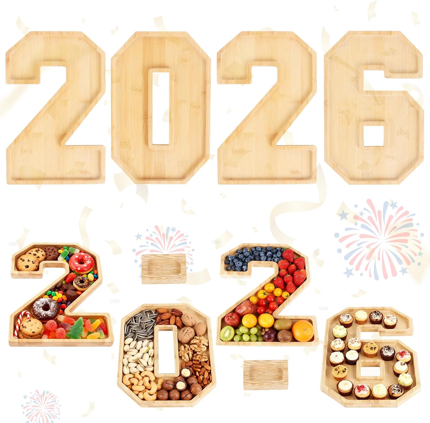 6 Packs 2026 Charcuterie Numbers Letter Board Bamboo Food Serving Trays Wooden Serving Platter for Fruit Vegetable Cupcake Cheese Plates with 2 Sauce Dishes for New Year, Graduation Party Tabletop