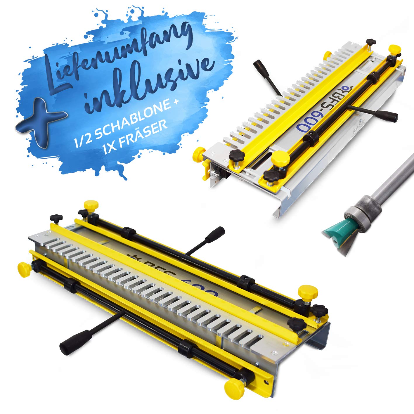BAMATO Zinkenfräsgerät BFS-600 | 600 mm Arbeitsbreite | Inkl. 12,7 mm Schablone & Fräser | Vorrichtung für Schwalbenschwanzverbindungen | Für Oberfräser