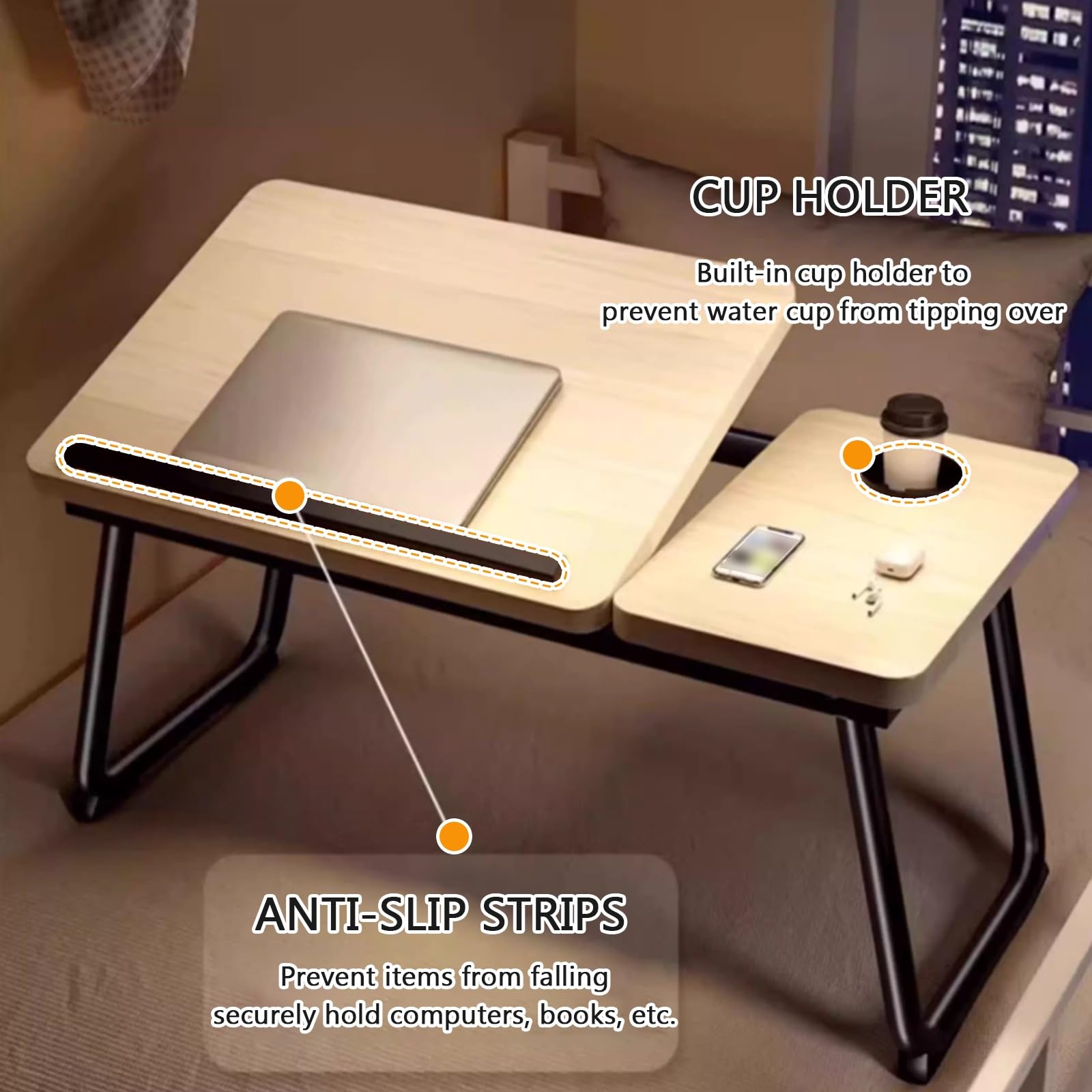 Składane biurko na laptopa do łóżka i sofy, taca śniadaniowa z antypoślizgowymi paskami i uchwytami na kubki, przenośny stolik na kolana do domowego biura i okna wykuszowego