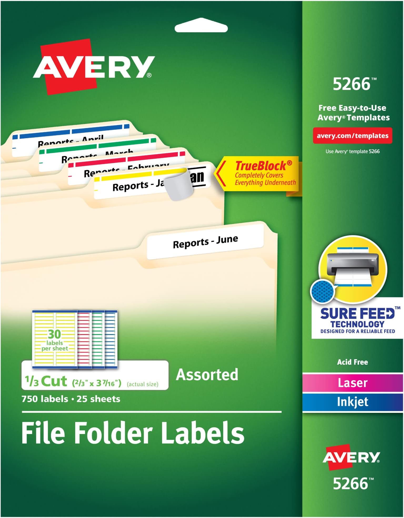 Avery TrueBlock File Folder Labels, 2/3" x 37/16", 750