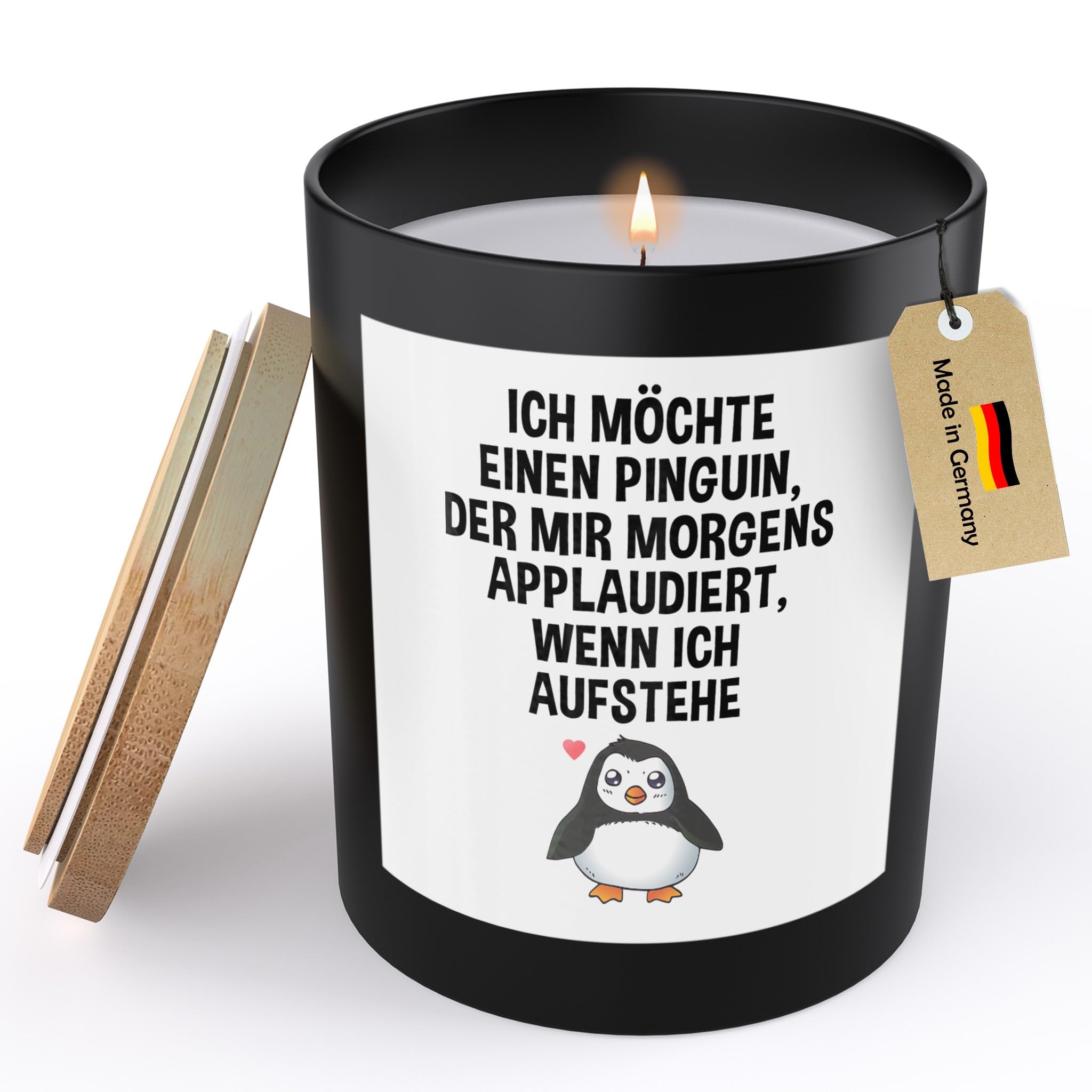 (HANDGEMACHT) Lustige Spruchkerze Frauen Pinguin Sojawachs Kerze im Glas Handgemacht mit Spruch Humor Frech Candle Duft Deko Vegan