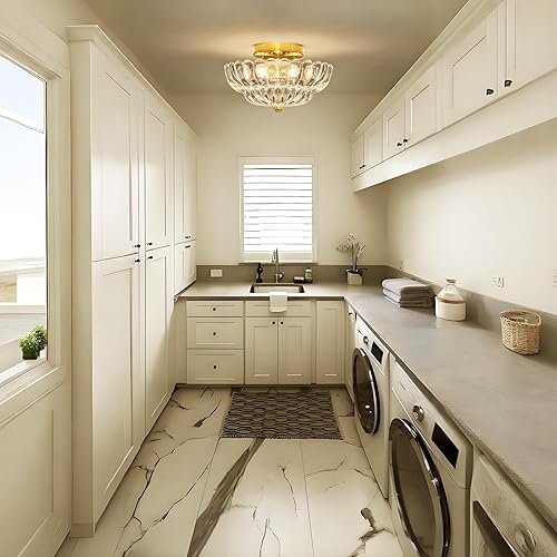 Miniatura 7 de Lámpara de techo semiempotrada dorada moderna de mediados de siglo, 3 luces de cristal de flores cerca del techo, accesorios de iluminación para