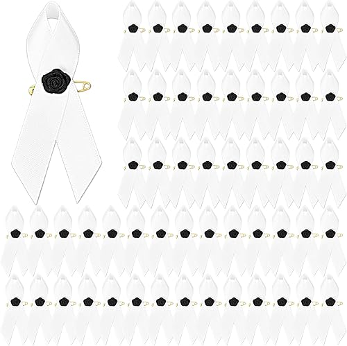 Miniatura 1 de 60 cintas funerarias de flores, cinta conmemorativa blanca, pasadores funerarios clásicos para servicio conmemorativo, respeto, meditación, lazo