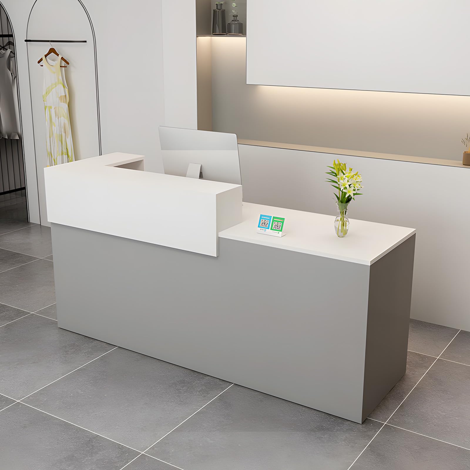 Modern Reception Desk with Drawer & Open Shelves, 39-95 Inch Front Counter Table, Computer Workstation Suitable for Salons, Offices, Lobbies, Retail