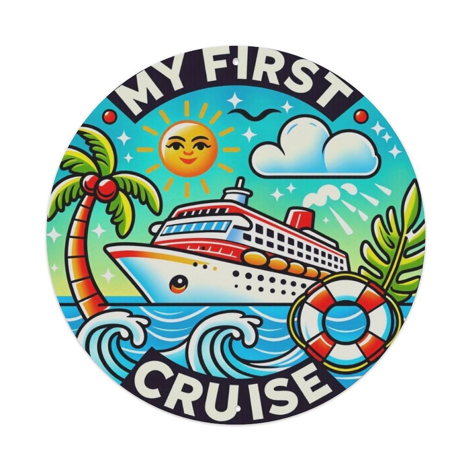 Cartoon Tropical Cruise Vacation Round Wall Decor Sign Vintage Aluminium Metal Sign, Retro Wall Decor for Home, Bar, Garage & Farmhouse 20x20cm