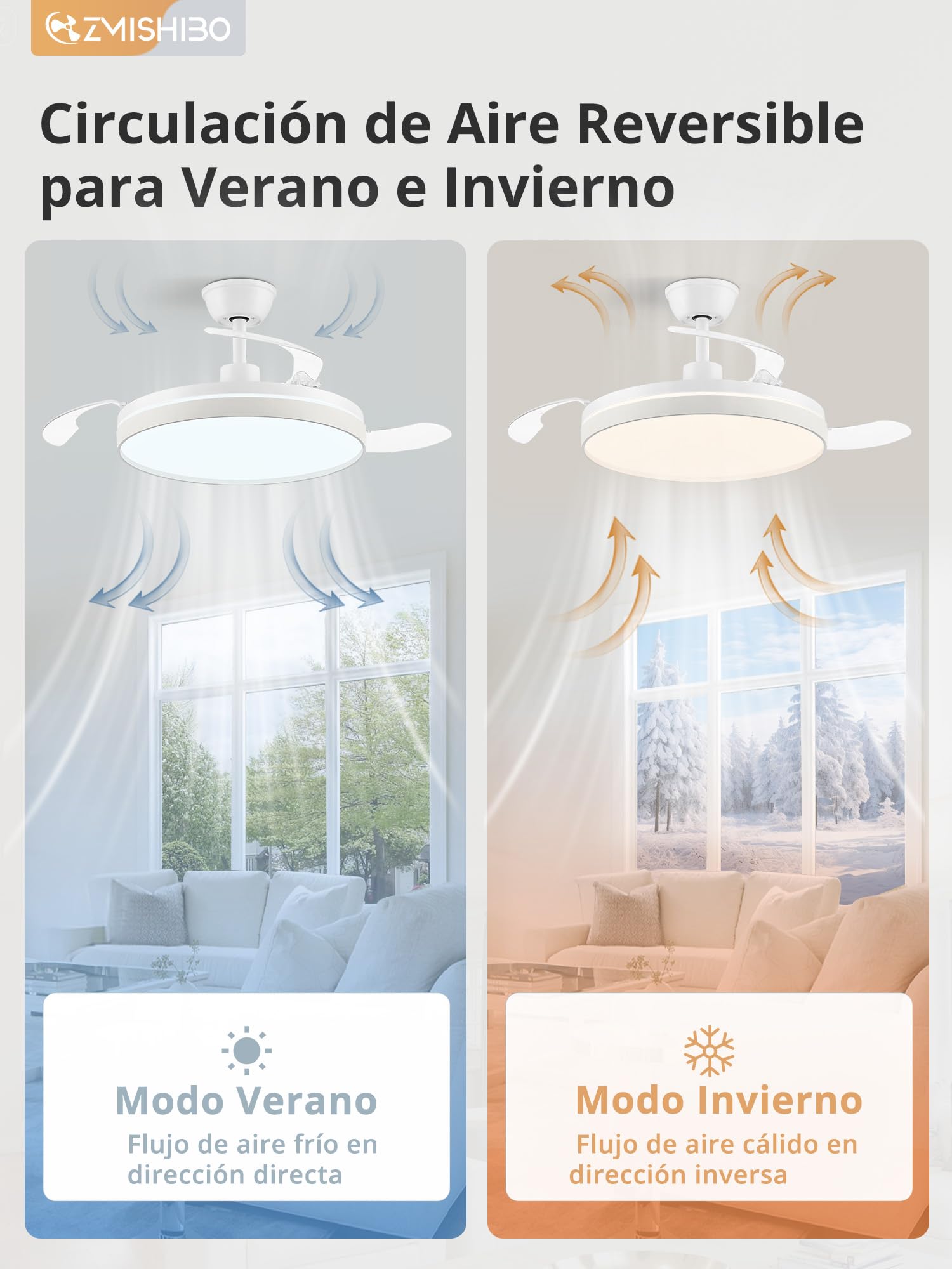 ZMISHIBO-Ventilador de Techo con Luz 106cm Ventilador sin Aspas CCT 3000K-65000K Función Verano-Invierno,Motor DC 30W+Luz LED 38W,6 Velocidades,Silencioso,Temporizador 2H/4H (Blanco)