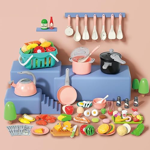 Miniatura 36 de Juego de cocina de 130 piezas, ollas de juego de cocina para niños, sartenes, utensilios de cocina, alimentos diarios, frutas y verduras, cesta