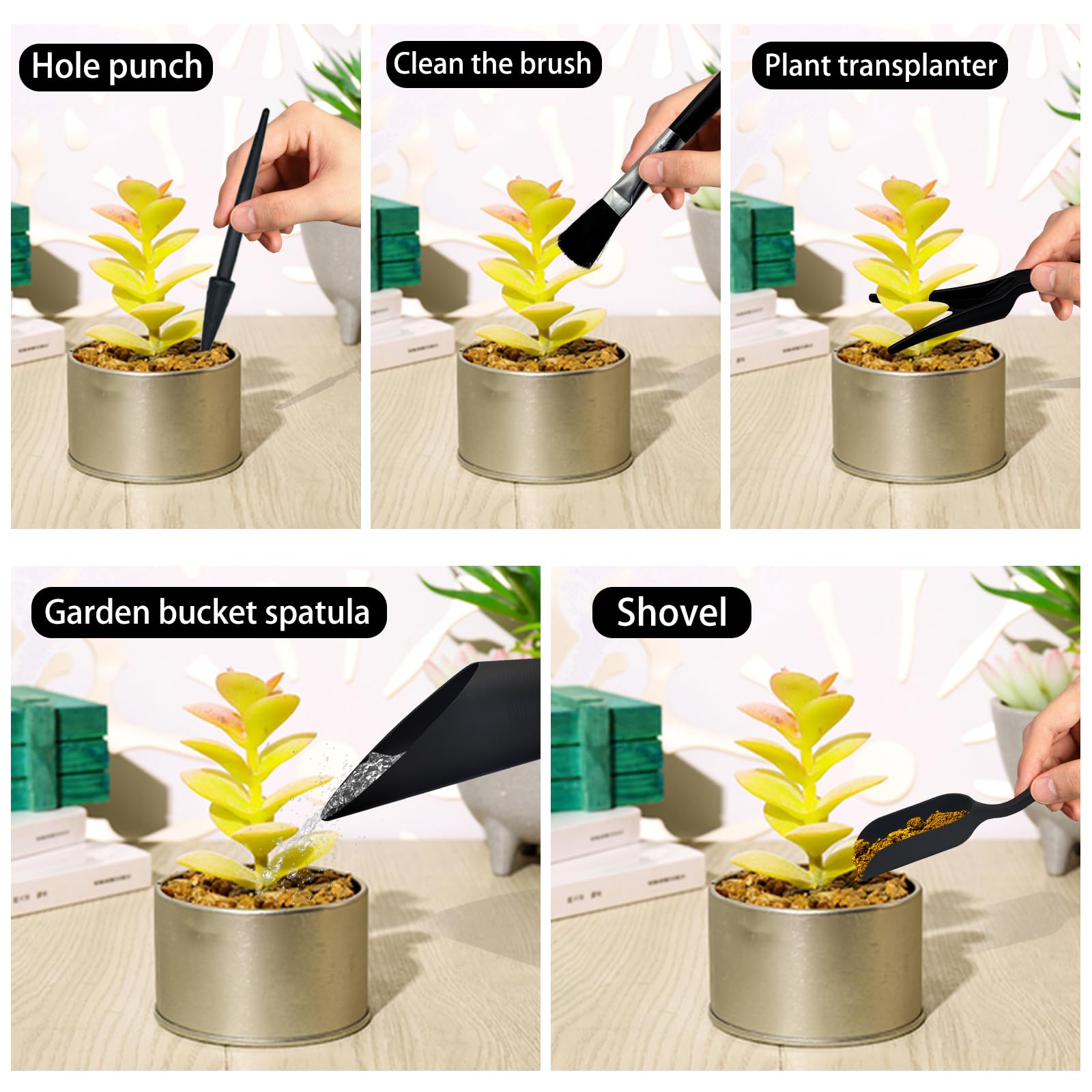 Set Di 5 Attrezzi Per Piante Grasse E Giardinaggio - Include Perforatore, Estrattore, Pale E Spazzola - Nero, Ideale Per Rinvaso