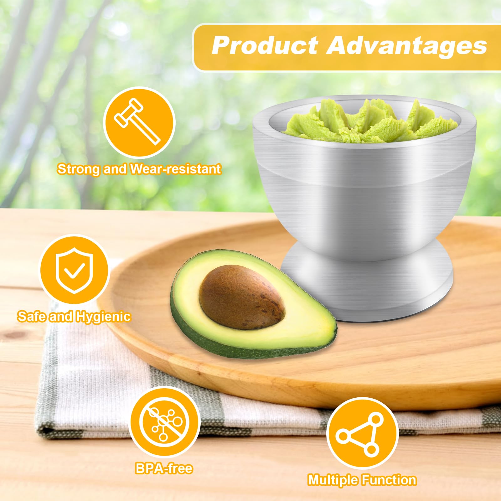 Xpieoyrm Acero Inoxidable Mortero Cocina Juegos de Mortero y Mano, Mortero Cocina con base antideslizante, juego manual de mortero y maja, para Moler Especies, Hierbas,Medicamentos u Otras Sustancias