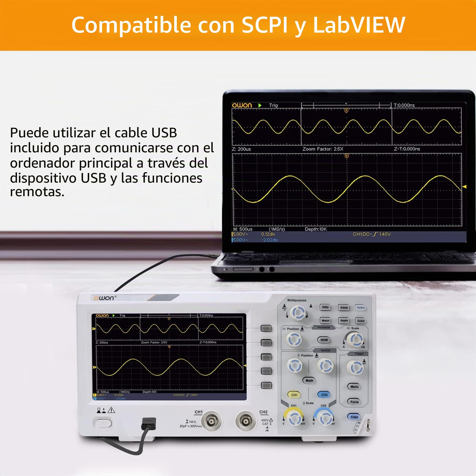 OWON SDS1102 Osciloscopio de almacenamiento digital con 2 canales, frecuencia de muestreo de 1GS/s, LCD de alta resolución de 7 pulgadas, ancho de banda de 100MHZ, kit de osciloscopio