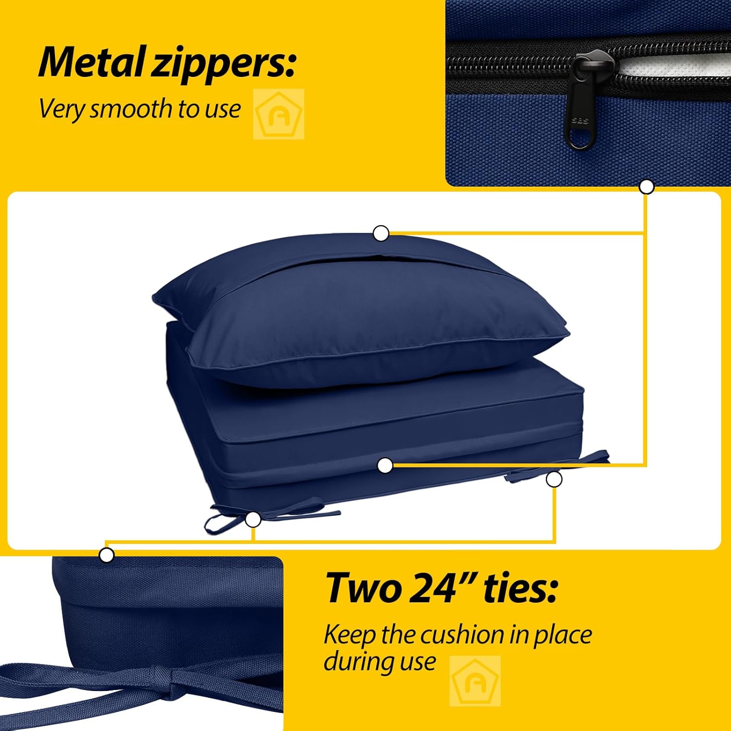 AAAAAcessories Outdoor Deep Seat Cushions, Waterproof, Fade-Resistant Patio Furniture Replacement Cushions, Set of 4, 24" x 24" x 5", Navy Blue