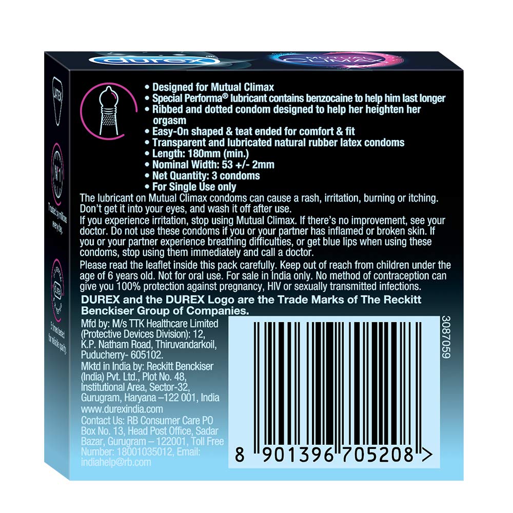 Durex Mutual Climax Condoms for Men & Women - 3 Count |Extra Dotted and Ribbed for Pleasure | Performa Lubricant for Long Lasting Climax Delay|Suitable for use with lubes & toys product image 5
