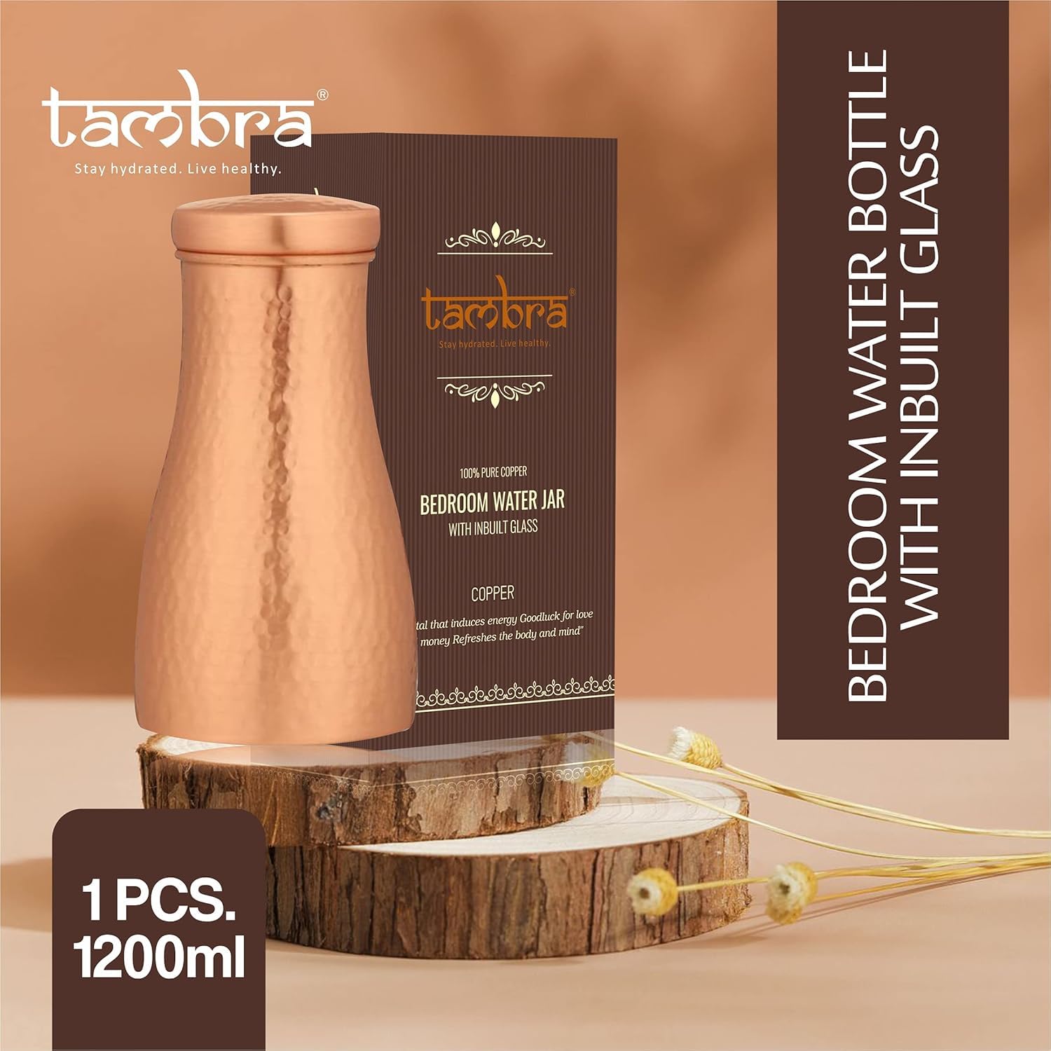 Tambra Pure Copper Bedroom Bottle with Inbuilt Glass & Printed Design, Drinkware & Storage Purpose, Bed Jar, Volume-40Oz (HAMMERED)