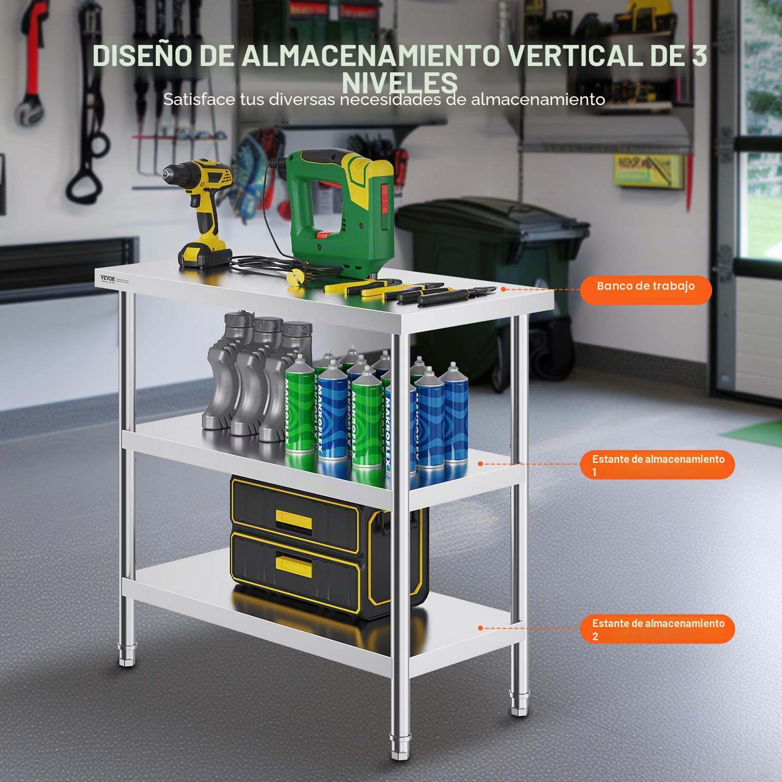 VEVOR Mesa de acero inoxidable para preparación de alimentos, 18 x 36 x 34 pulgadas, con 2 estantes ajustables y mesa de trabajo comercial