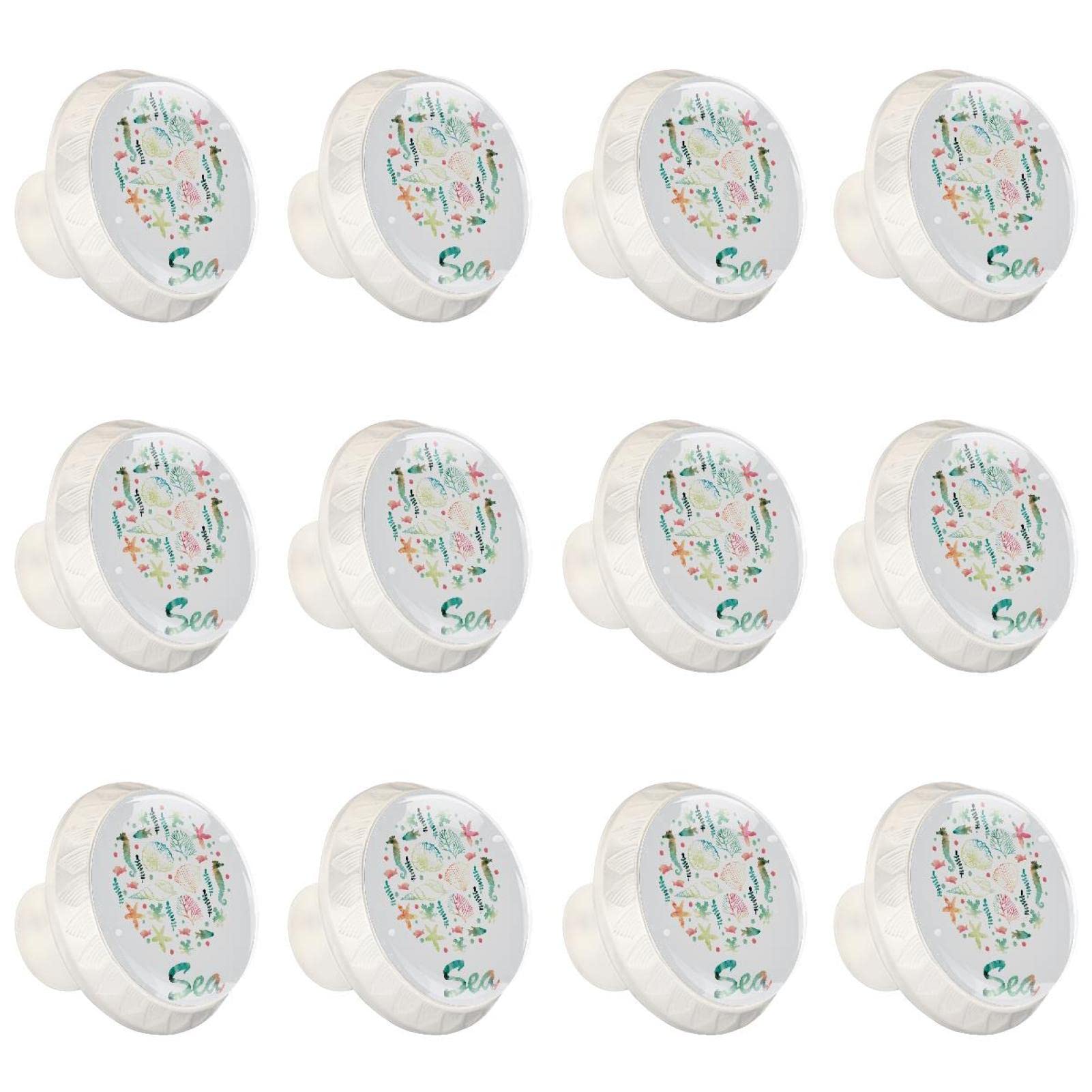 Boutons de tiroir en verre hippocampe et poisson pour meuble marin lot de 12