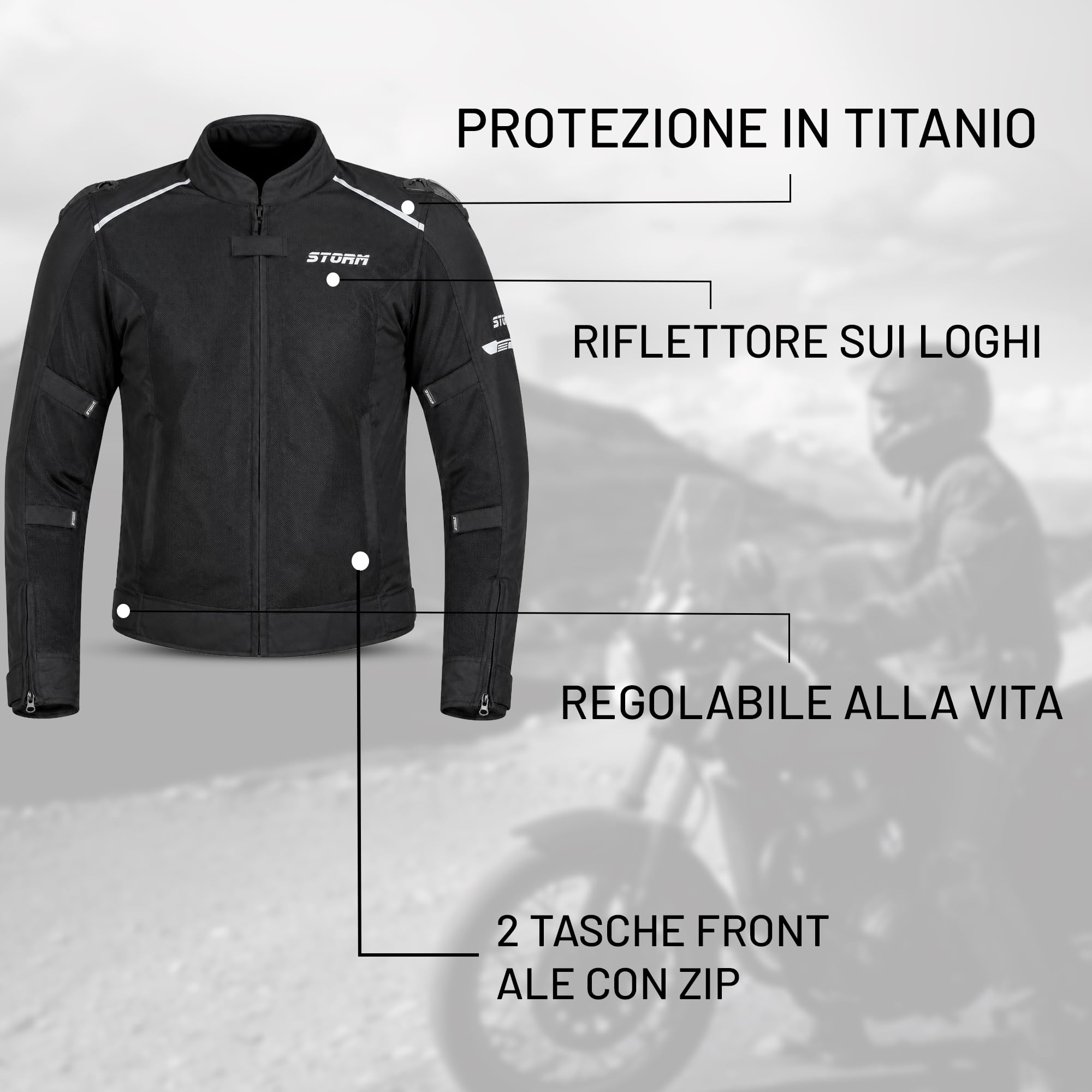 STORM Giacca Moto Estiva Uomo con Protezioni CE Omologate Giubbotto Moto Estivo in Rete Traspirante con Paraschiena, Protezioni Spalle e Gomiti Rimovibili