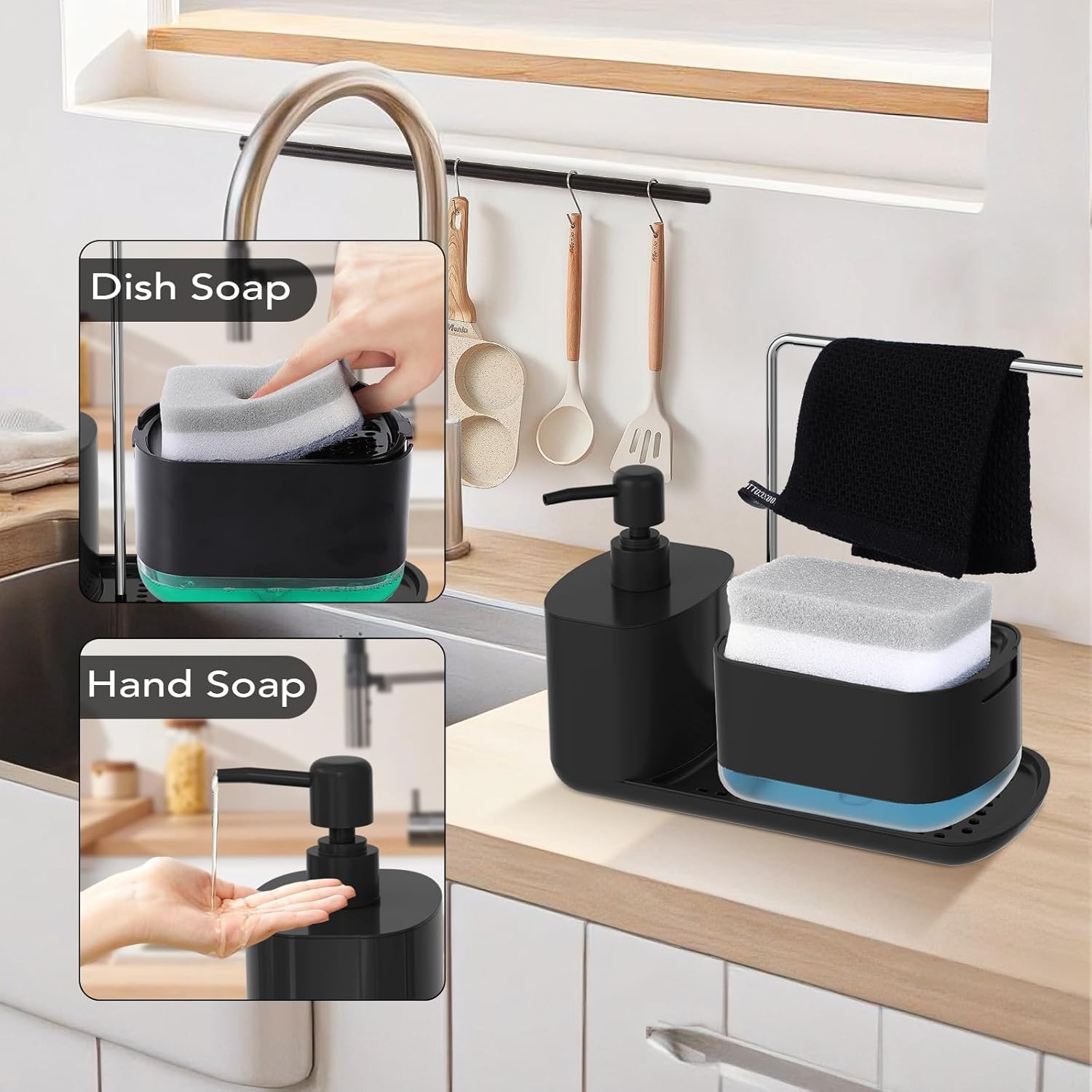 Hanging Trash Can with Lid, Black Bathroom Accessories Set Incluced 3.9 Gallon Small Kitchen Compost Bin, Soap Dispenser with Sponge Holder, Sponges and Trash Bags for Cupboard/Kitchen Bedroom