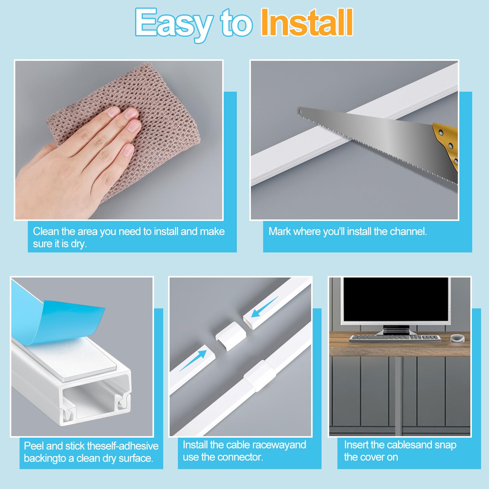 Romon Canalina Passacavi Muro, Kit di Canaline Passacavi da 4 m Bianca - Copri Cavi Verniciabili per TV - Canalina Passacavi Adesiva con Raccordi, Gomiti, Nastro per cavi, 0.4m*20mmx10mm, 10 Pezzi