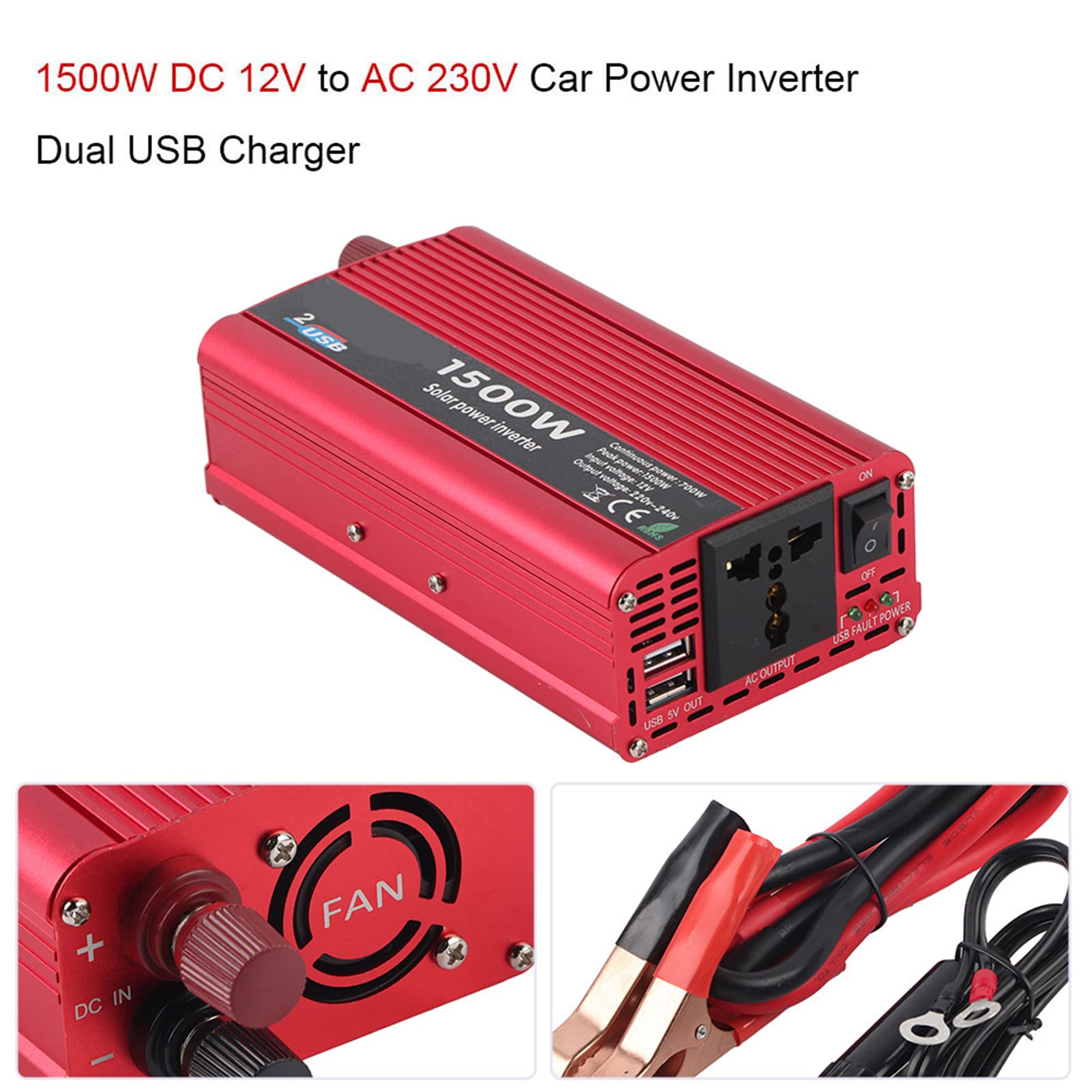 Zasilacz Samochodowy z Falownikiem, 1500W DC 12V na AC 230V Konwerter Samochodowy z Falownikiem Podwójny Adapter ładowarki USB Zapalniczka Samochodowa Zasilacz Samochodowy