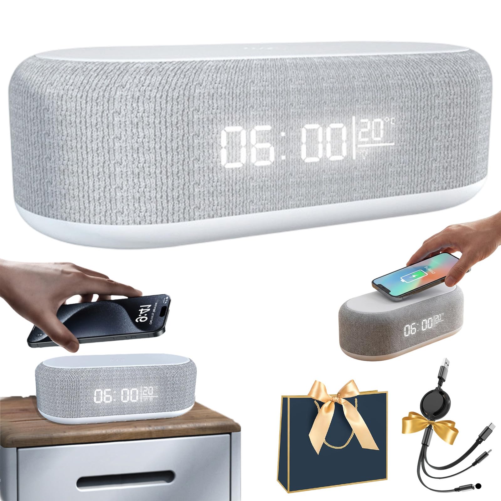 6 In 1 Kabellose Ladestation 25w, Digitaler Wecker Mit Ladestation, Wireless Charger Wecker Radio Mit Licht Und Temperaturanzeige, Uhr, Wecker, Bluetooth-Lautsprecher & Nachtlicht All-In-One (Weiß)