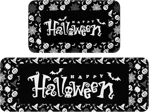Yinhua Tapetes de cocina de Halloween para el piso, tapetes de cocina negros lavables, tapetes de cocina de gatos negros, juego de 2 alfombras y