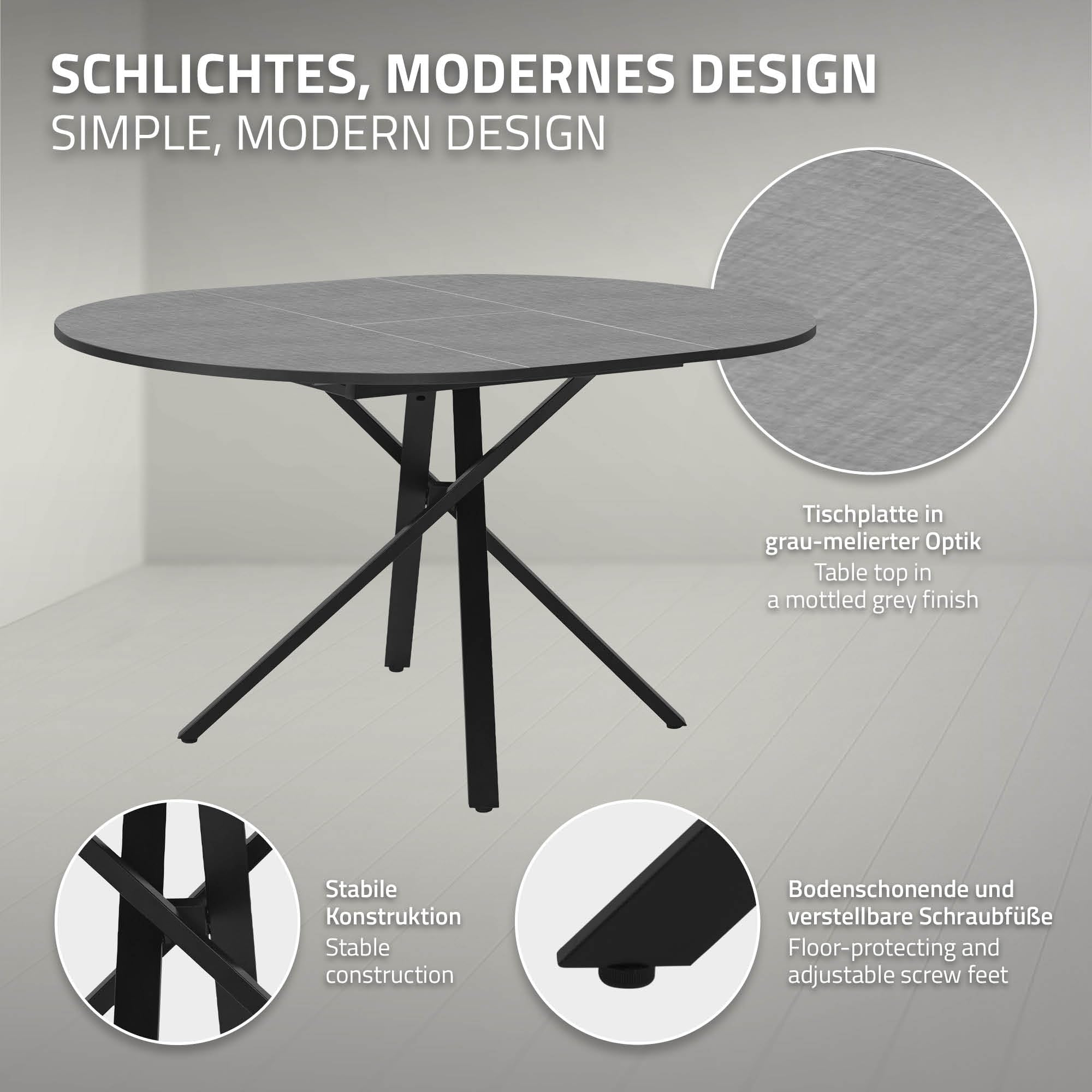 ML-Design Table de Salle à Manger Ronde Extensible pour 4-6 Personnes, Table de Cuisine avec Rallonge en MDF, en Gris Chiné, 100-140 x 76 x 100 cm, Pieds en Acier Forme-X, Meuble Moderne pour Salon