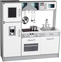 Amazon Basics Wooden Kids Kitchen Playset - Toddler Play Kitchen Toy with Sink, Oven, Stove, Fridge & Accessories, 39" Tall White Gray