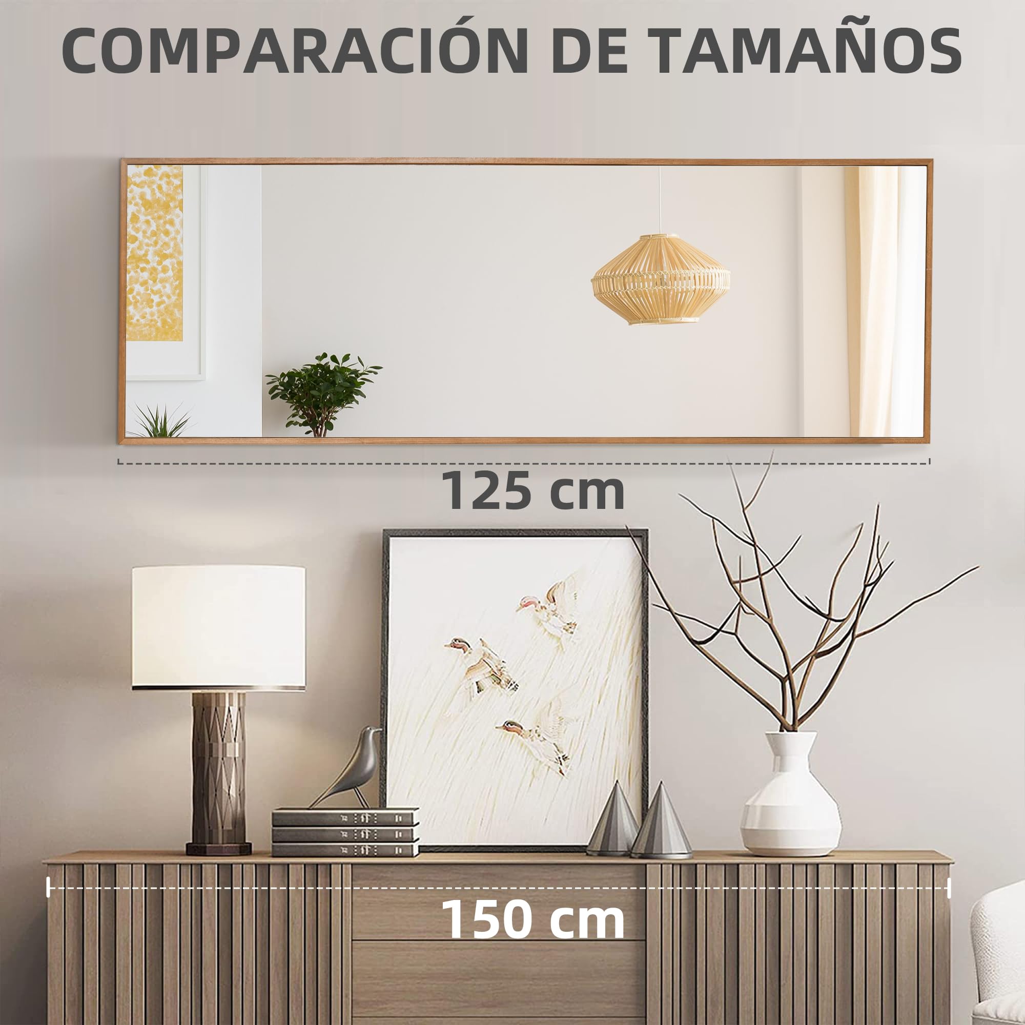 HOMCOM Espejo de Pared Cuerpo Entero 45x125 cm Espejo de Pie Espejo de Suelo Grande de Madera Estilo Moderno Decorativo para Salón Dormitorio Entrada Natural