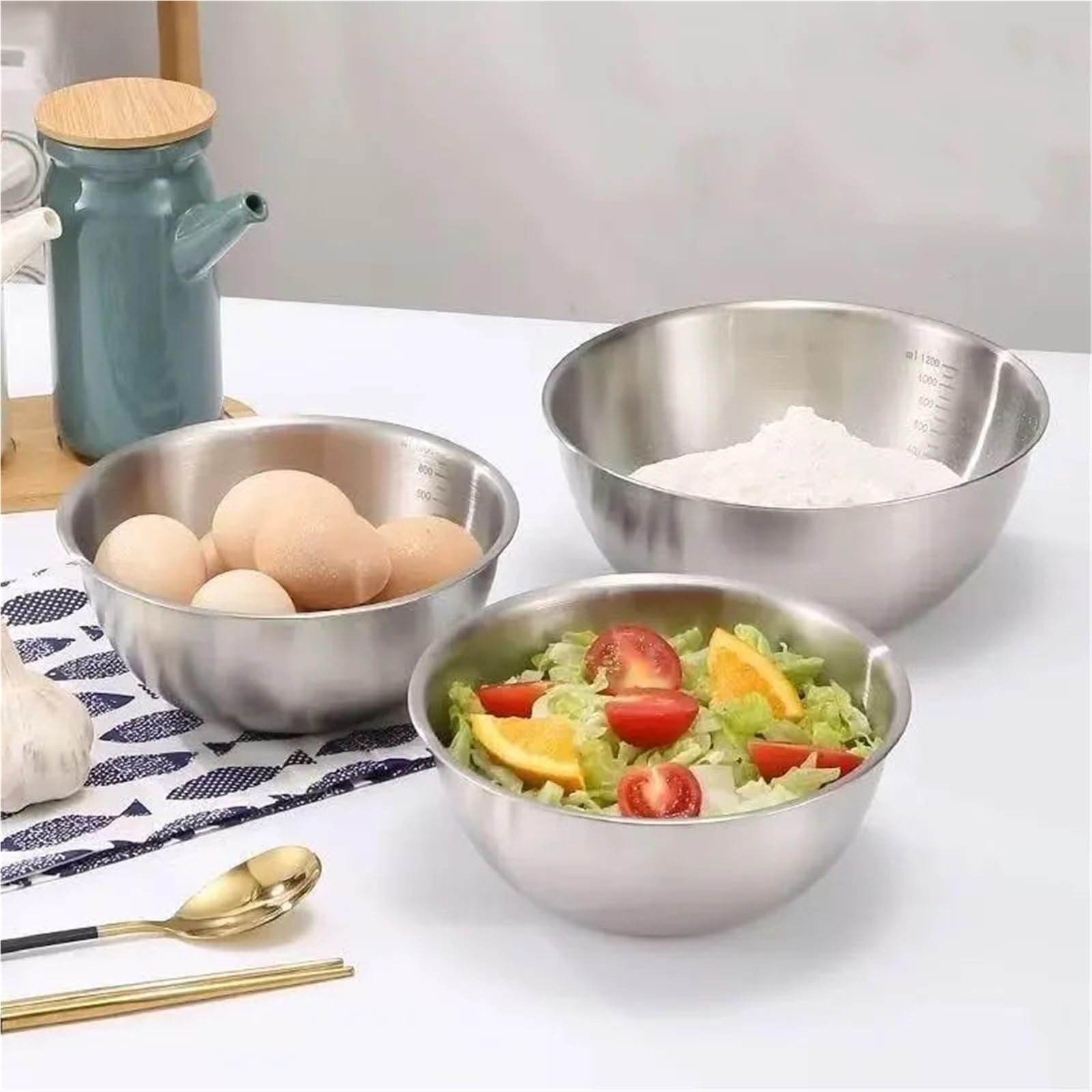 Tazón Para Mezclar Juego de tazones for mezclar acero inoxidable | 1-3 piezas con báscula de gran capacidad for cocinar, hornear y almacenar alimentos(S 1PC)