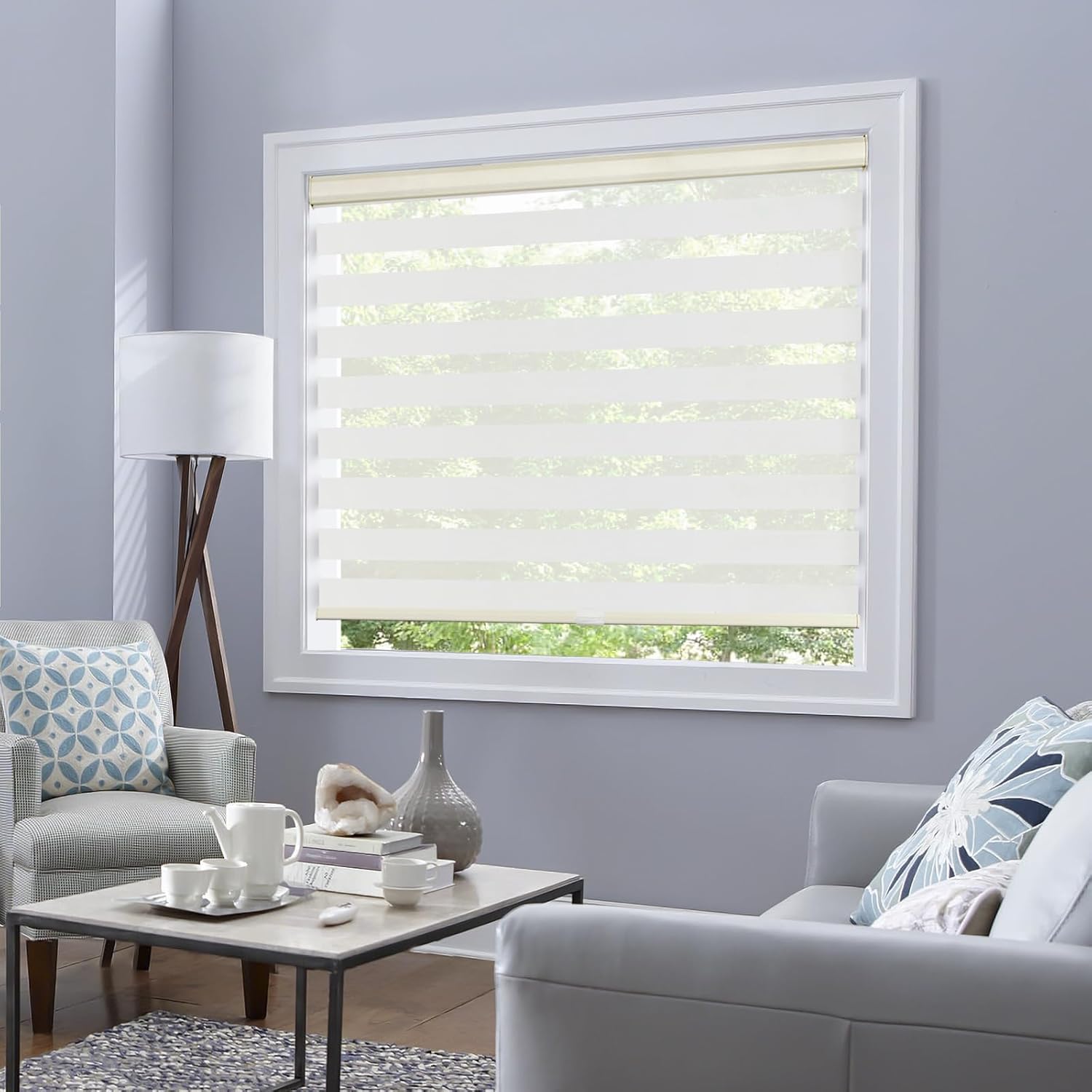 Zebra Blinds for Windows Cordless Free Stop Dual Layer Fabric Roller Sheer Shades with Valance Thermal Insulated Light Filtering for Home, Bathroom, Kitchen, Bedroom, 65" x 72", Cream