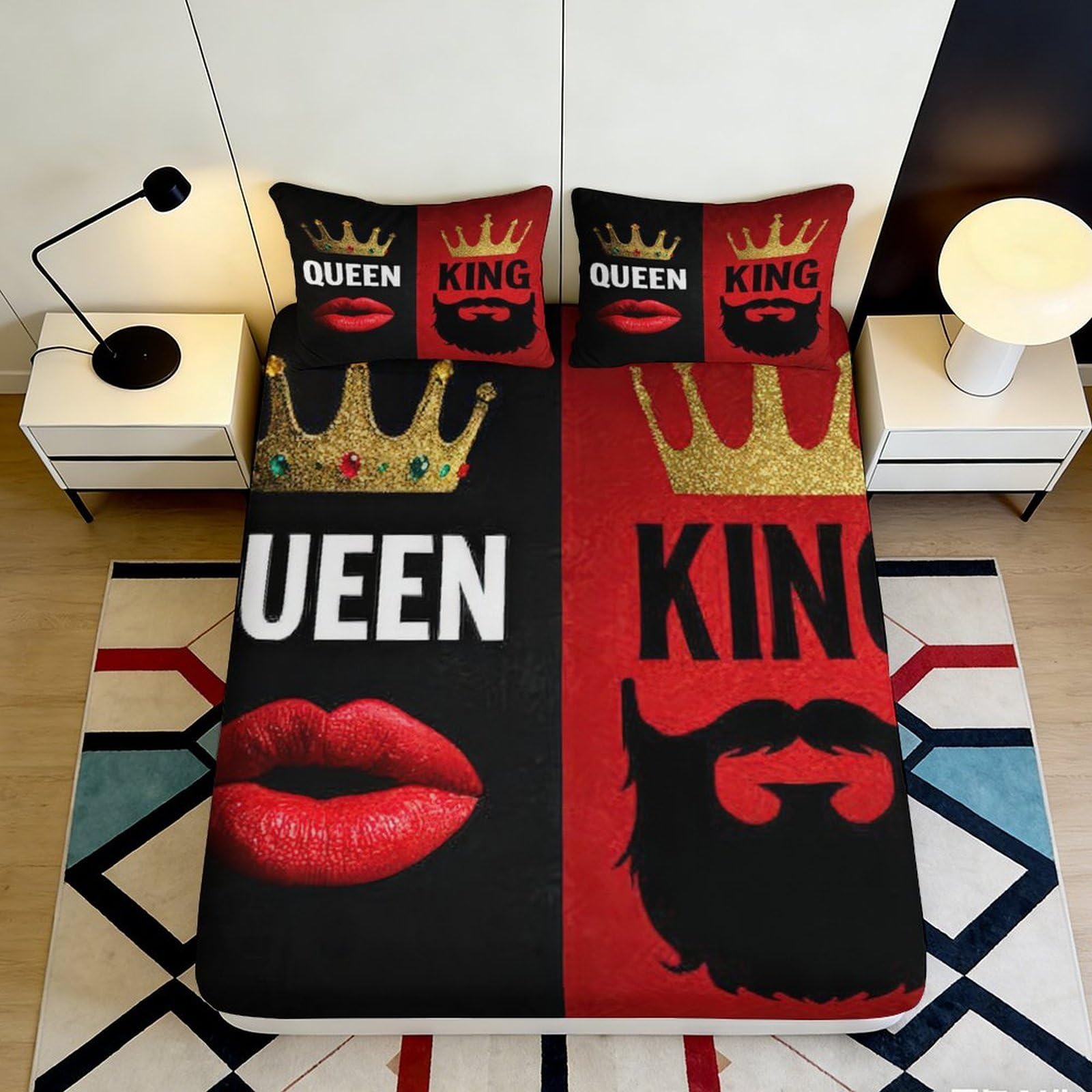 3D Printed King Queen Fitted Sheet Microfiber Red Black Lips Beard Bed Cover for Bedroom Dorm Mattress Decor 90x200x25cm