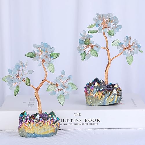 Miniatura 3 de mookaitedecor Árbol de dinero aguamarina de cristal curativo con base de racimo de cuarzo de titanio arco iris, árbol de Feng Shui, decoración de