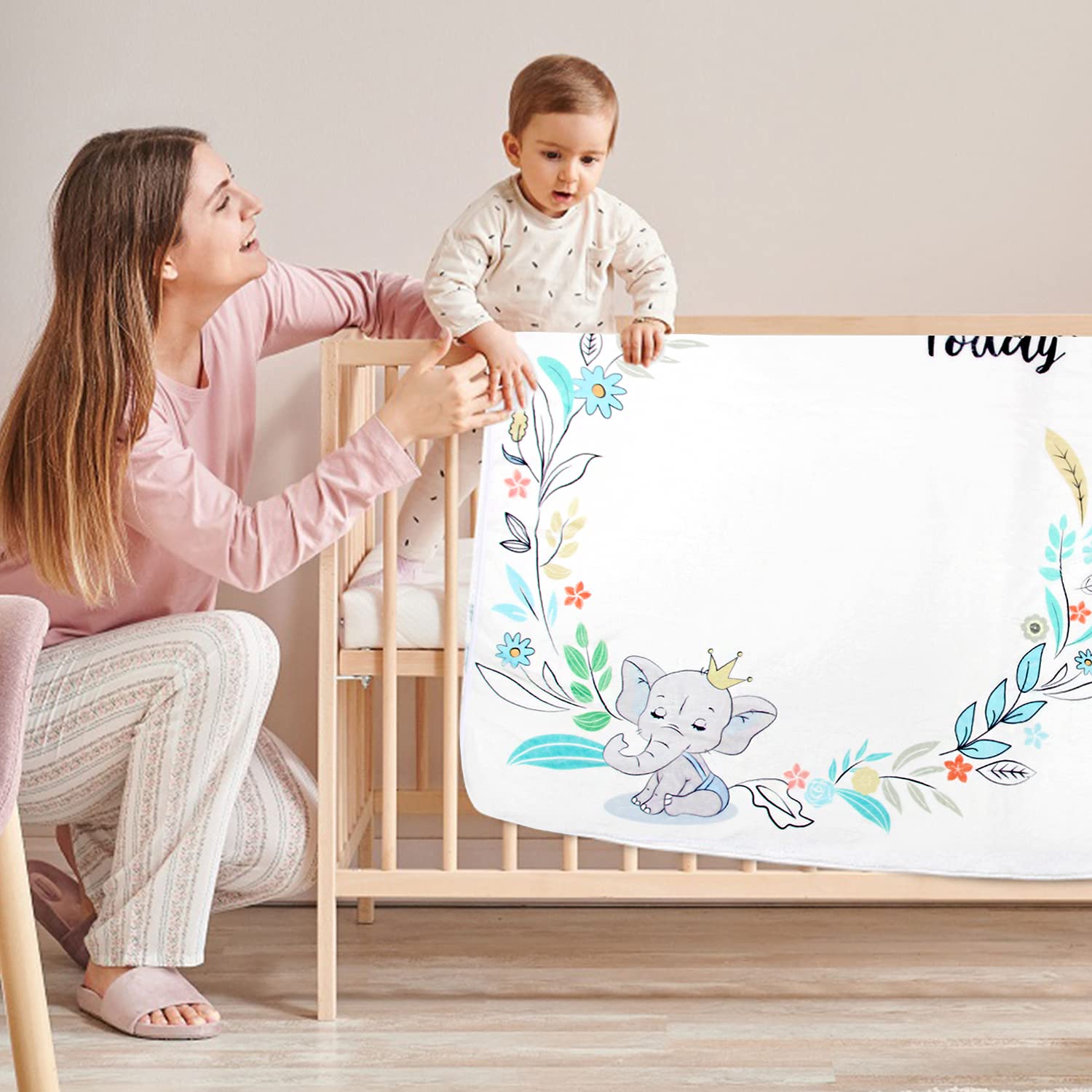 Manta de bebé Milestone para niños y niñas,tapete de forro polar mensual unisex con flores y hojas de elefantes,animales con 4 marcos de fotos de fieltro,crecimiento de la edad(40 x 60 pulgadas)