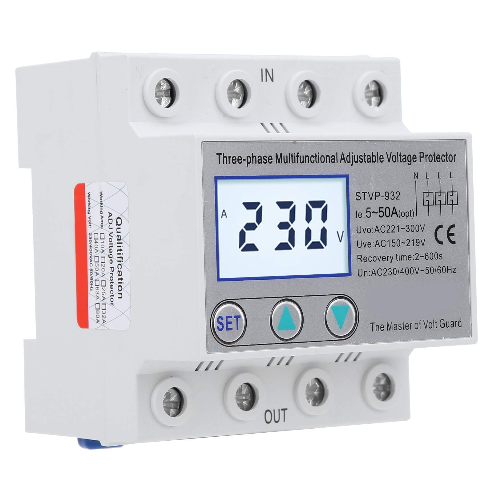 Protezione di Tensione Regolabile LCD Trifase Multifunzione Ripristino Automatico 230 V/400 V CA Protezione da Sovratensione Sottotensione Dispositivo di Protezione Della Tensione(50A)