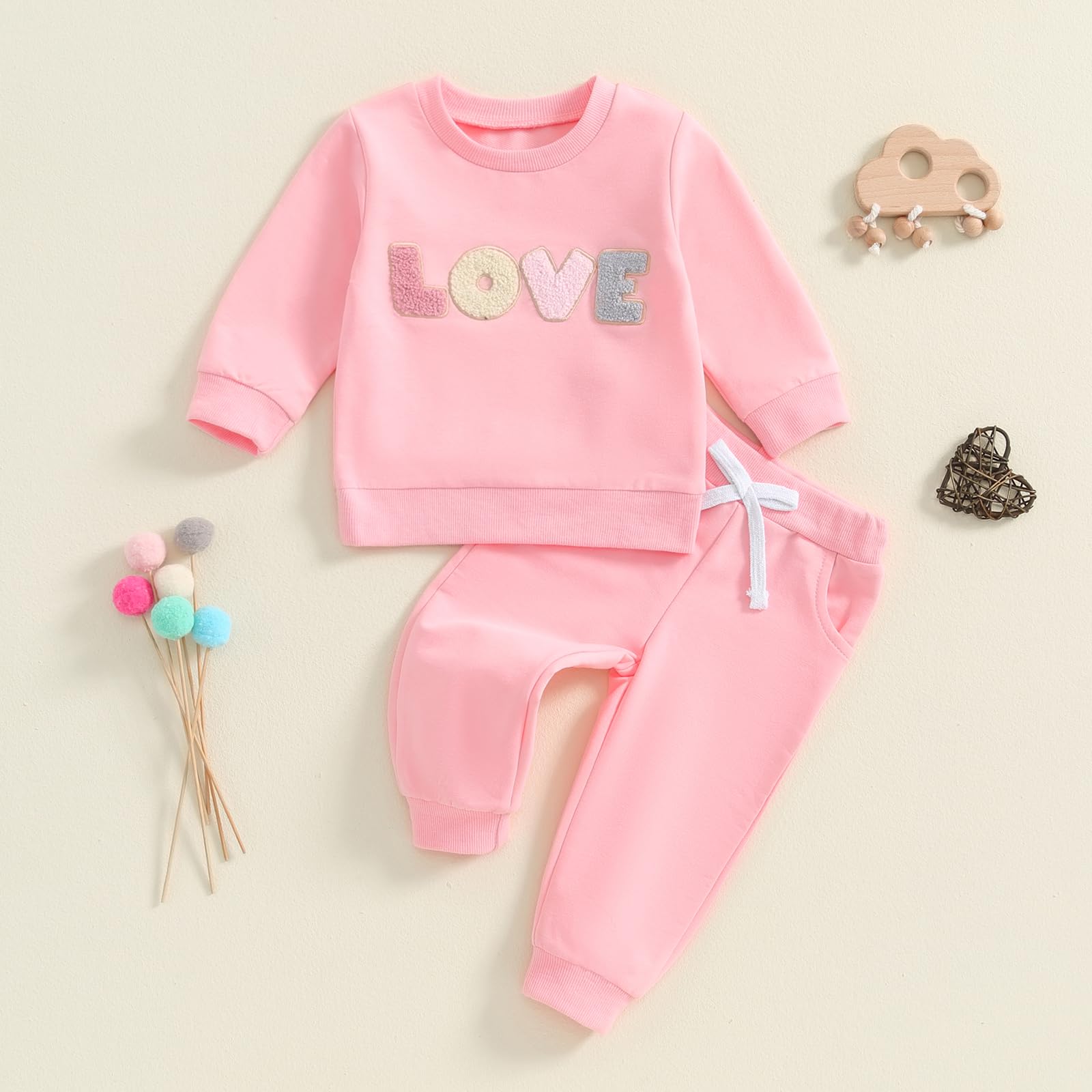 Socutebabe Baby Girl Clothes Newborn Infant Fall Winter Outfits Love Embroidery Long Sleeve Crewneck Sweatshirts Pants 0-24M (Pink, 3-6 Months)