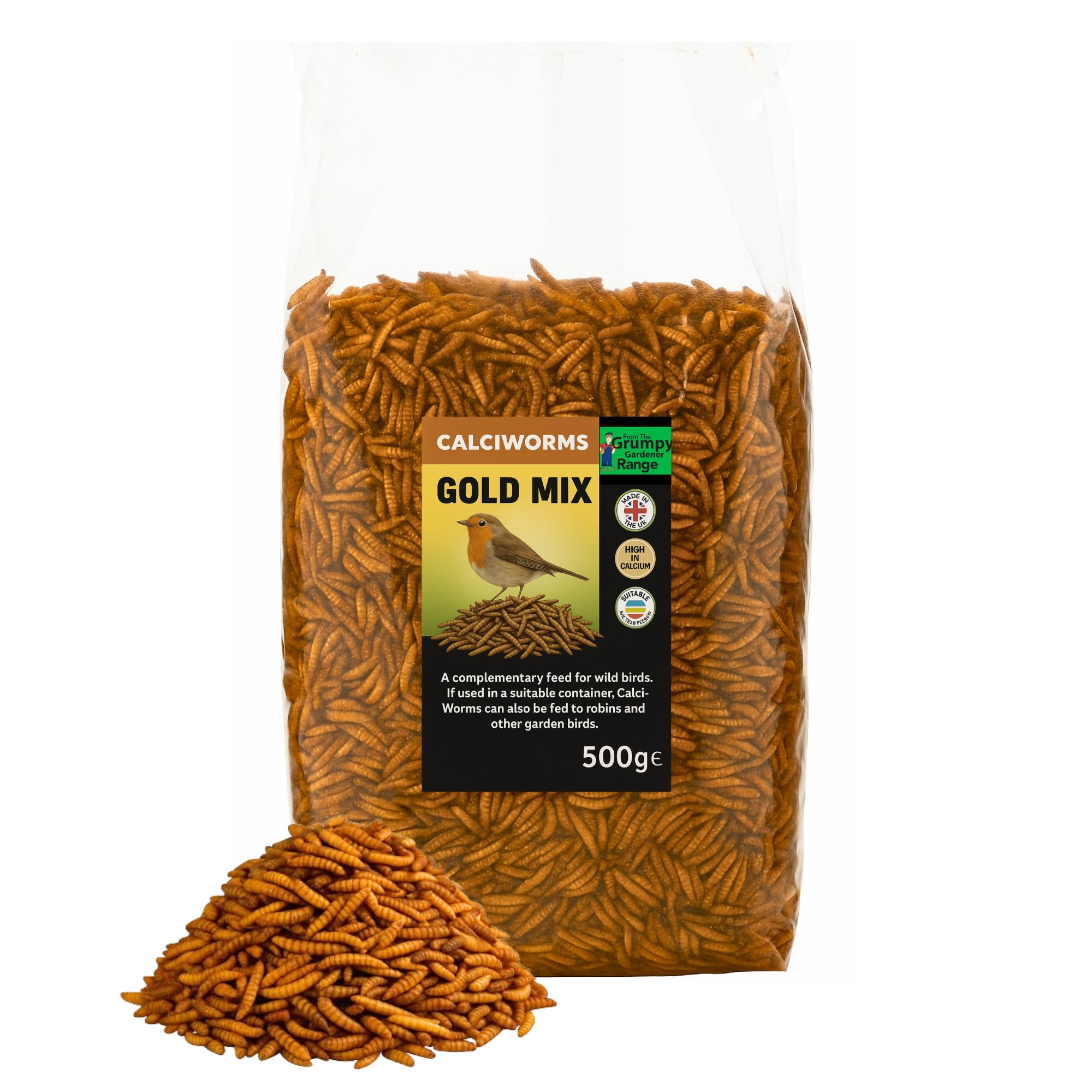 Grumpy Gardener Dried Calciworms - Gold Mix Calci Worms, Rich in Calcium and Protein, Ideal Mealworm Alternative for Bird Food, Hedgehogs, Hamster, Squirrels, Robins, Blue Tits, Sparrows - 500 Grams