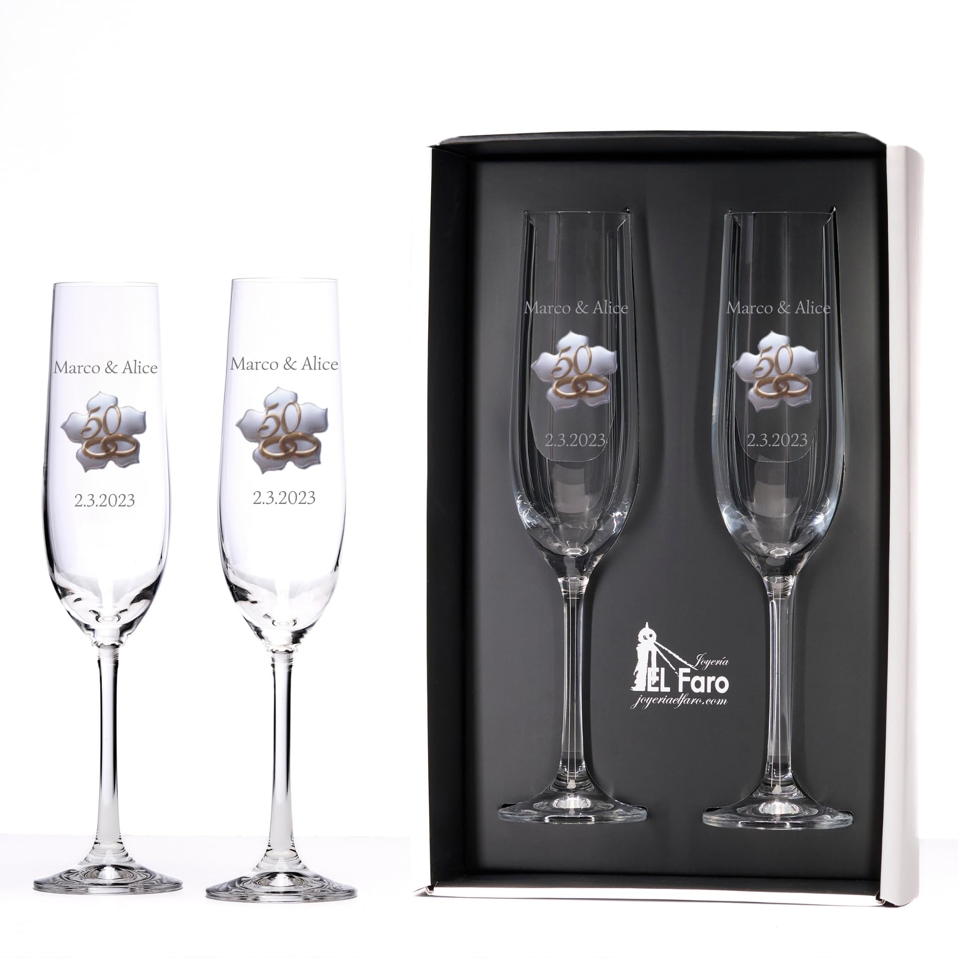 JOYERIA EL FARO - Calici da Champagne Personalizzati per Nozze d'Oro – Set di 2 Calici con Piastra Dorata a Forma di Foglia – Cofanetto Premium di Gioielleria – Regalo per il 50° Anniversario di