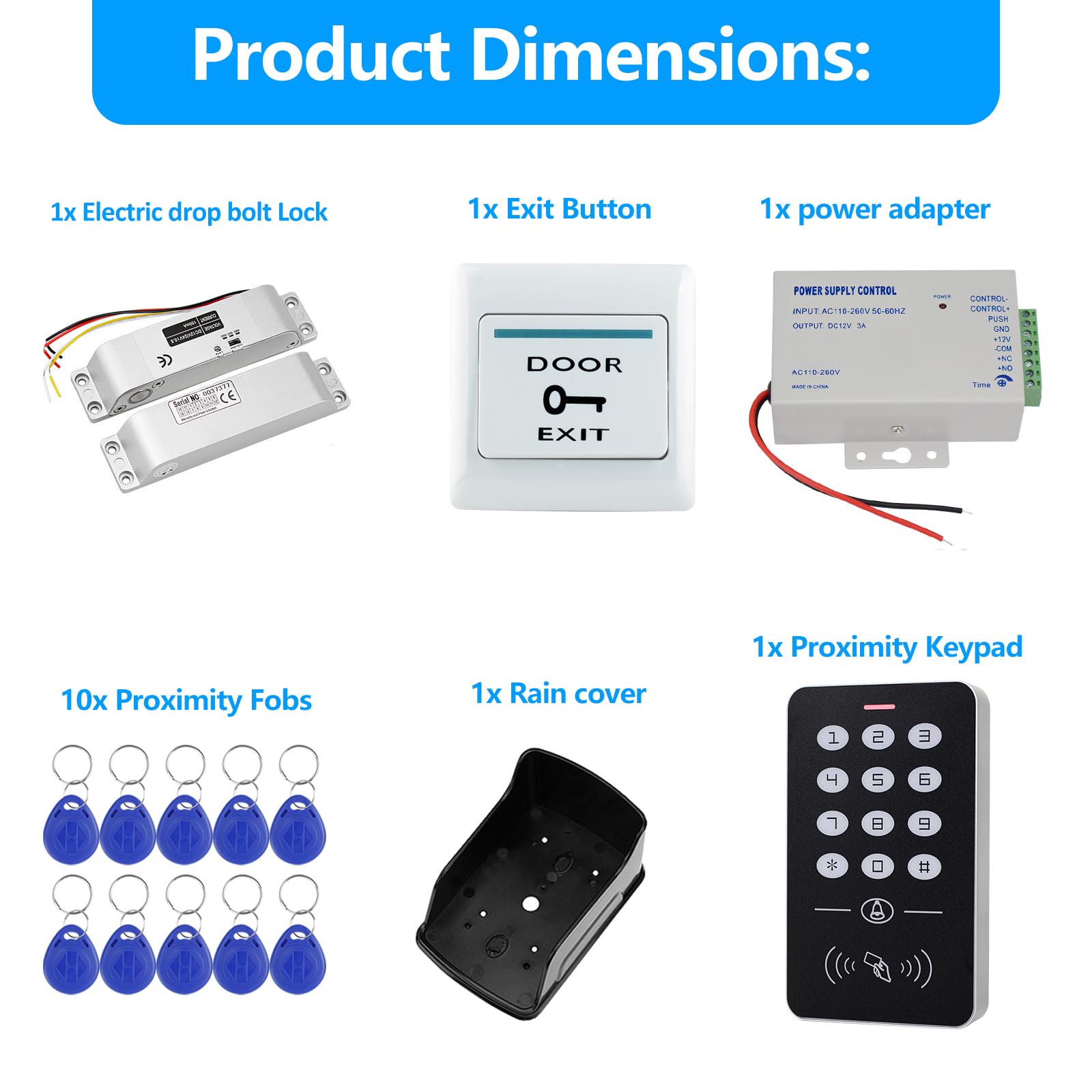 Kit de contrôle d'accès extérieur IP68 étanche avec clavier + housse de pluie + alimentation DC 12 V 3 A + bouton de sortie de porte en acier inoxydable + 10 porte-clés + serrure électrique