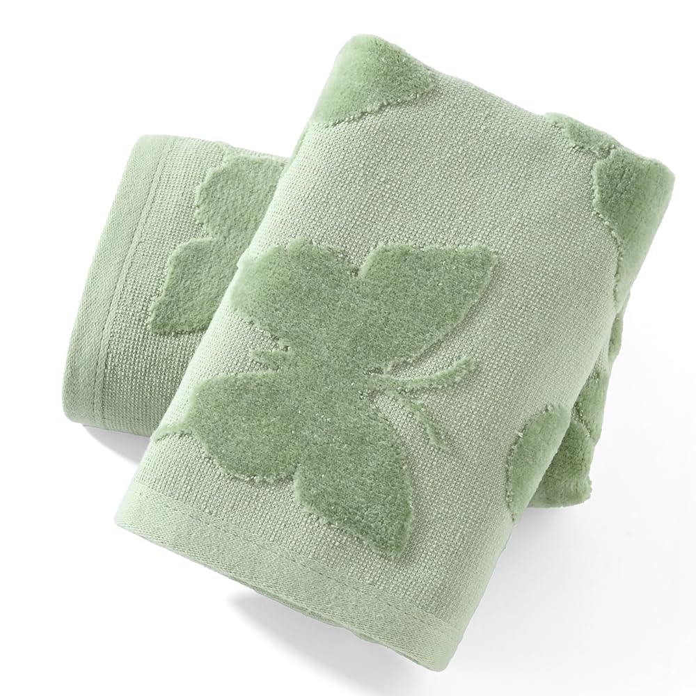 sense gnosis Green Hand Towel Set of 2 Full Embossed Velvet Butterfly Pattern Super Soft 100% Cotton Highly Absorbent Decorative Jacquard Weave Hand