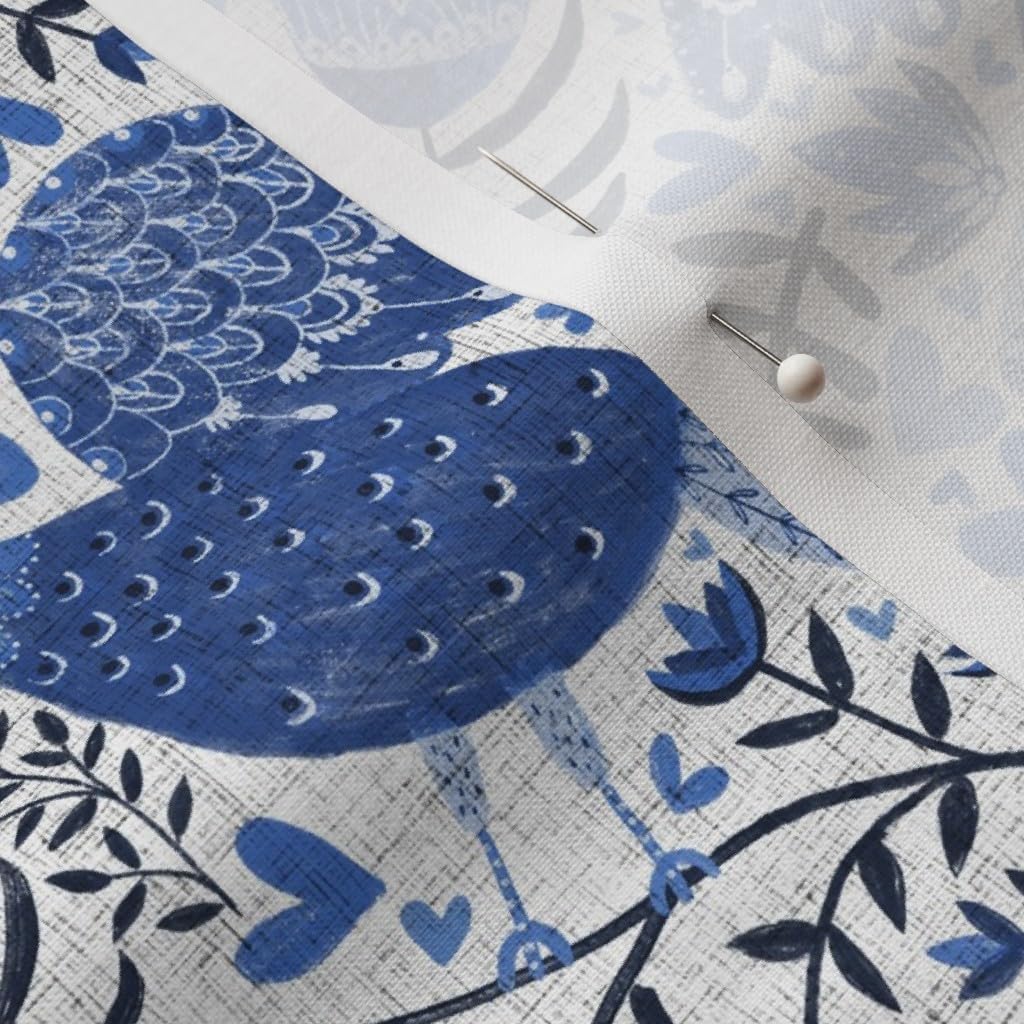 Spoonflower Fabric - Scandinavian Birds Indigo Blue White Swedish Folk Art Color Flowers Printed on Petal Signature Cotton Fabric by The Yard - Sewing Quilting Apparel Crafts Decor