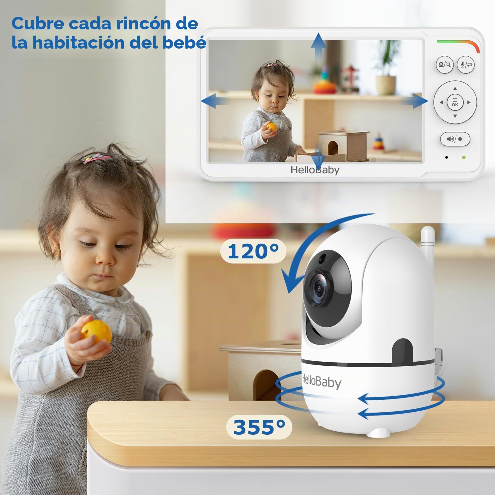 HelloBaby Monitor de Bebé con Pantalla IPS de 6", Sin WiFi, Batería 30h, Pan-Tilt 355°, Visión Nocturna Alcance 1000 Pies, Portátil con Alerta de Temperatura, Canciones de Cuna y Modo VOX