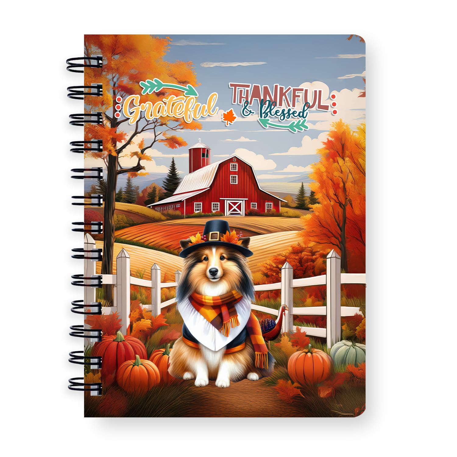 Ninety3POD Happy Thanksgiving Shetland Sheepdog Pilgrim Grateful, Thankful, Blessed Fall Welcome Spiral Bound Journal Sheltie Dog Lover Gifts 5x7in Spiral Notebook - 021