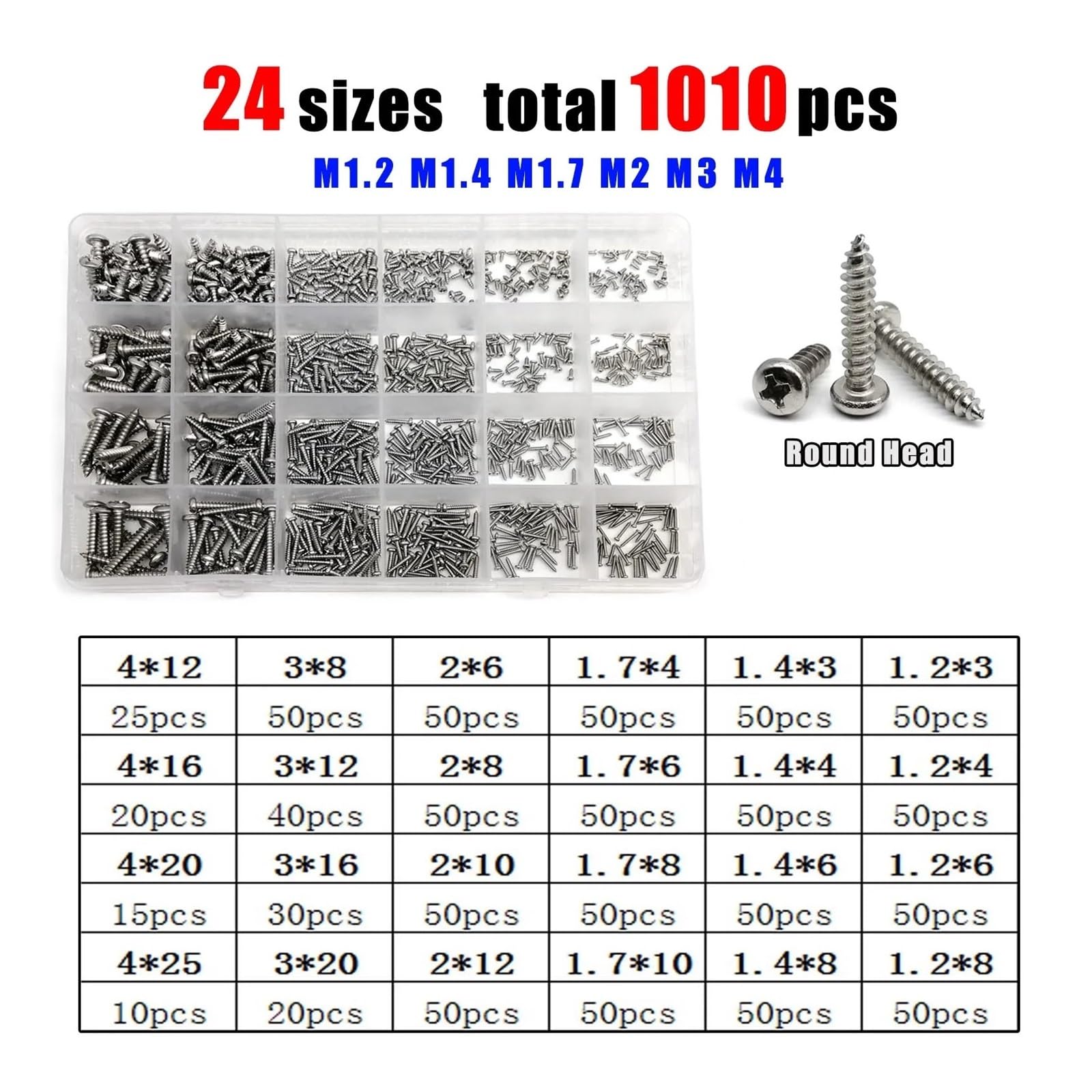 Kit D'assortiment De Vis À Bois Autotaraudeuses M1.2 M1.4 M1.7 M2 M3 M4, En Acier Inoxydable 304, Tête Plate Phillips Fraisée(Round 1010pcs)