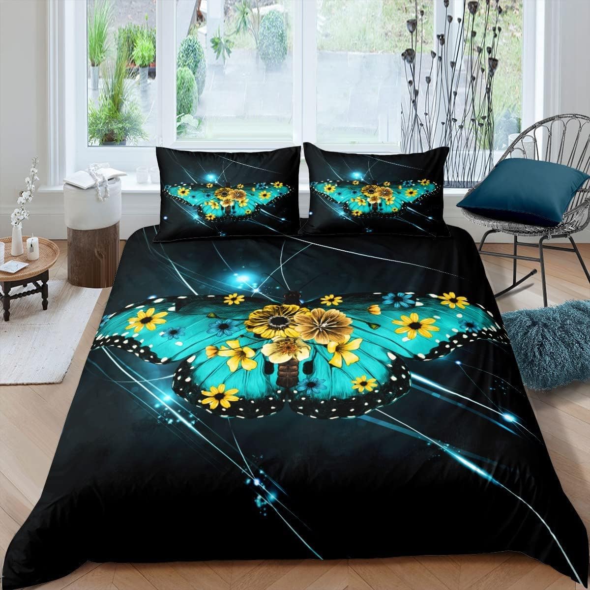 Housse de couette 220X240 papillon 3D avec 2 taies d'oreiller en microfibre pour lit 2 personnes