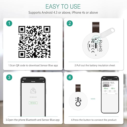 Miniatura 5 de ORIA Termómetro higrómetro inalámbrico, sensor inteligente de temperatura de humedad Bluetooth, mini monitor de temperatura para interiores y