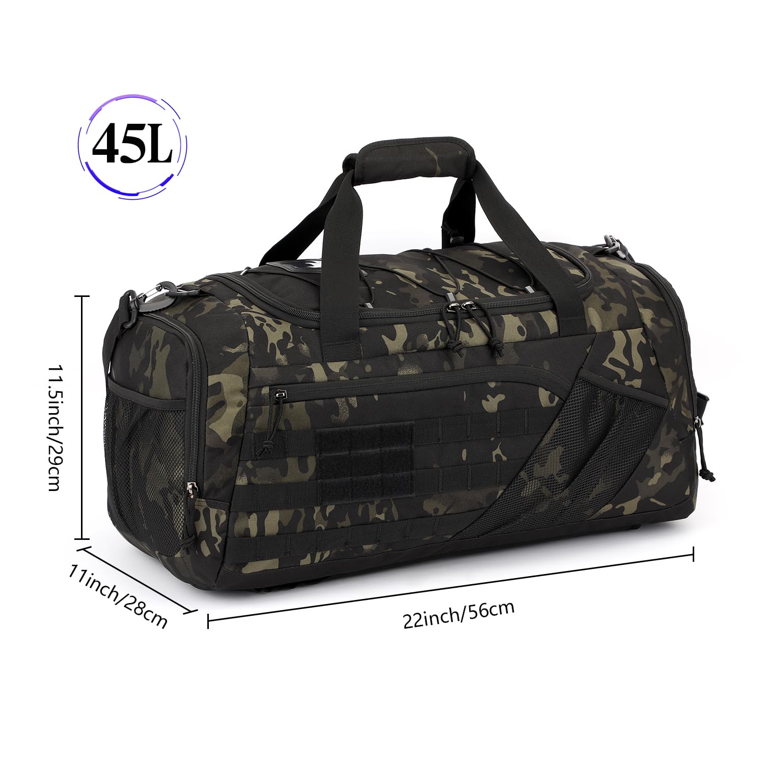 Borsone Palestra Tattica per uomo Donna 45L Borsa Sportiva Impermeabile con Porta Scarpe e Tasca Umida Zaino da Viaggio per Militare Fitness Sport Campeggio, Camo