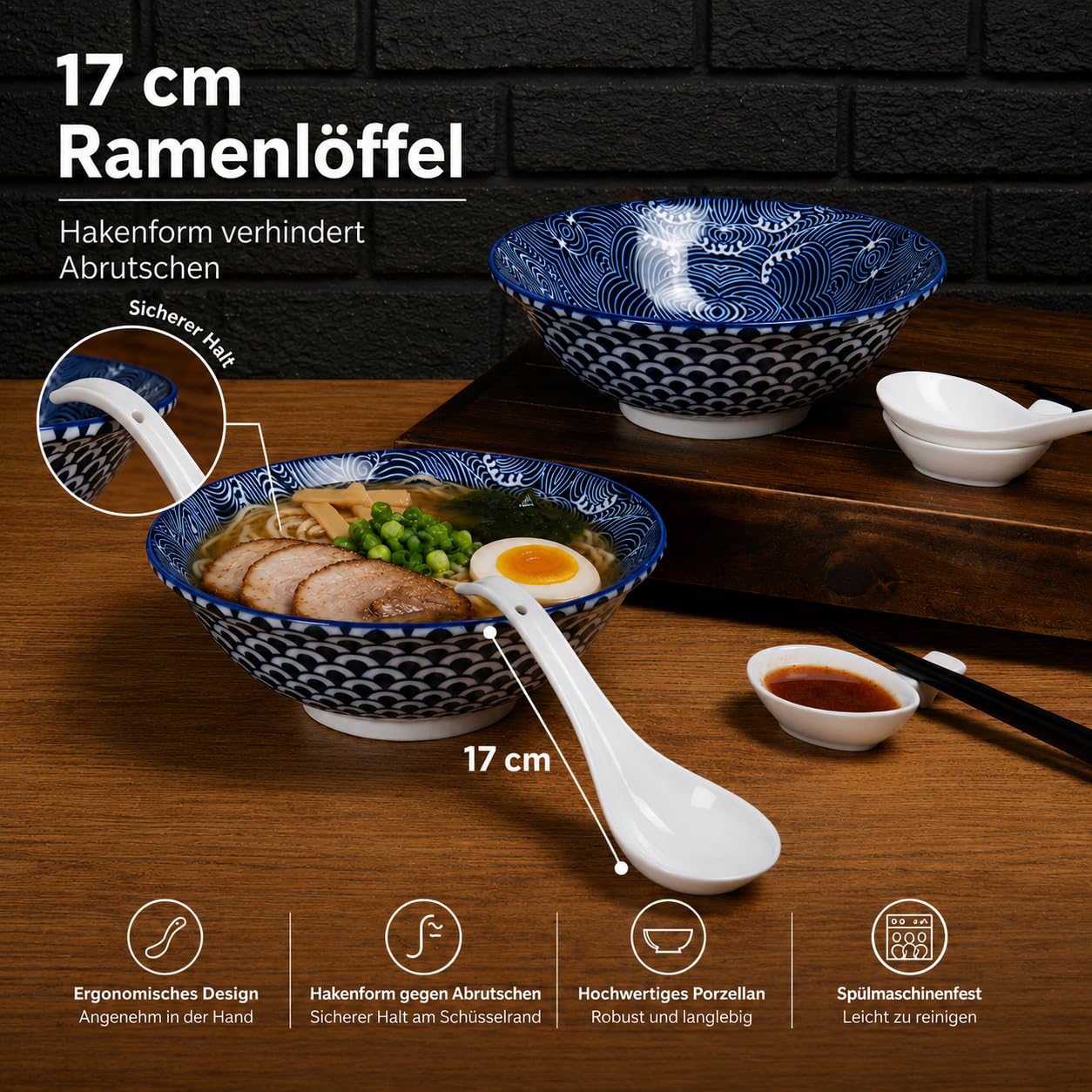 Urban Lifestyle Set Cuencos Ramen y Udon para 2 Personas Vajilla Asiática de Porcelana Ø 20,5 cm 1000 ml con Cucharas Ramen, Cuencos para Salsas y Palillos Japoneses – Estilo Japonés