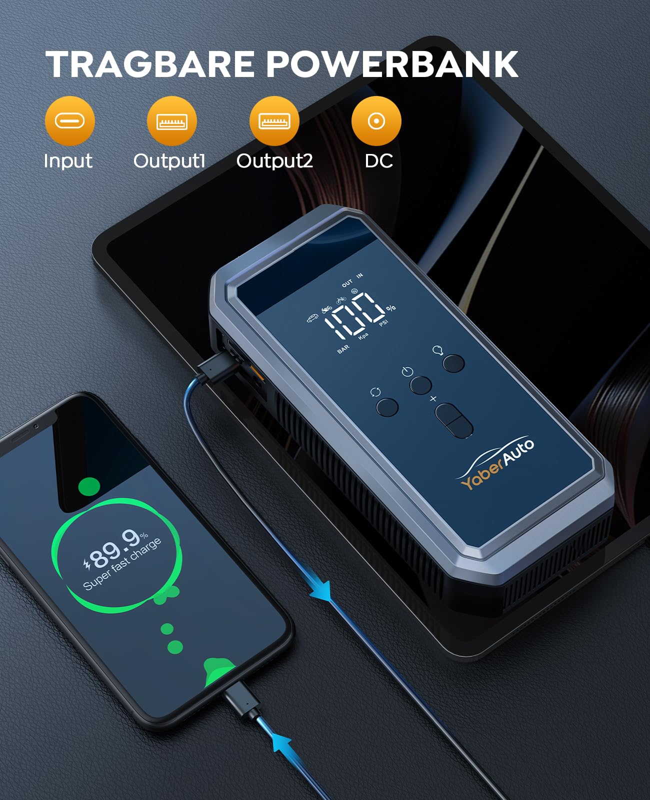 YaberAuto YA70 - Batería de arranque para coche (5000 A, con compresor de 150 psi, batería externa de 21,800 mAh con luz de emergencia de 300 lúmenes, batería externa 4 en 1 para arrancar con pantalla