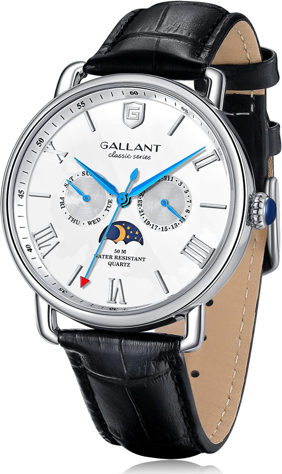 Men's Watch, Mens Dress Watch Quartz Watch Moon Phrase Day Date Calendar Leather Strap 5ATM Waterproof Wrist Watch for Men Luxury Classic Casual Business Gift