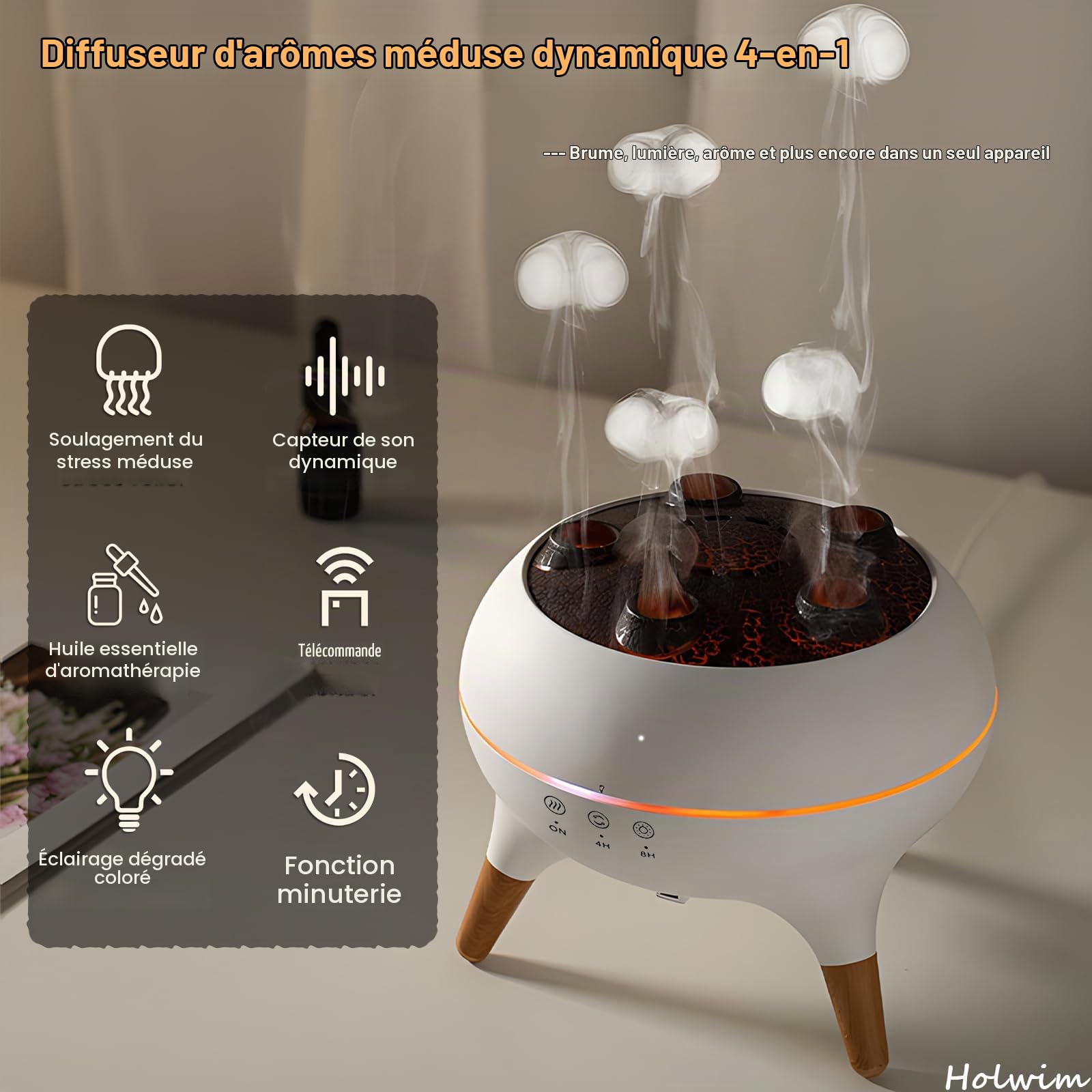 Diffuseur d'huiles essentielles, diffuseur d'aromathérapie, humidificateur ultrasonique à brume froide, synchronisation de la musique, diffuseur de gelée avec lumière 7 couleurs, télécommande